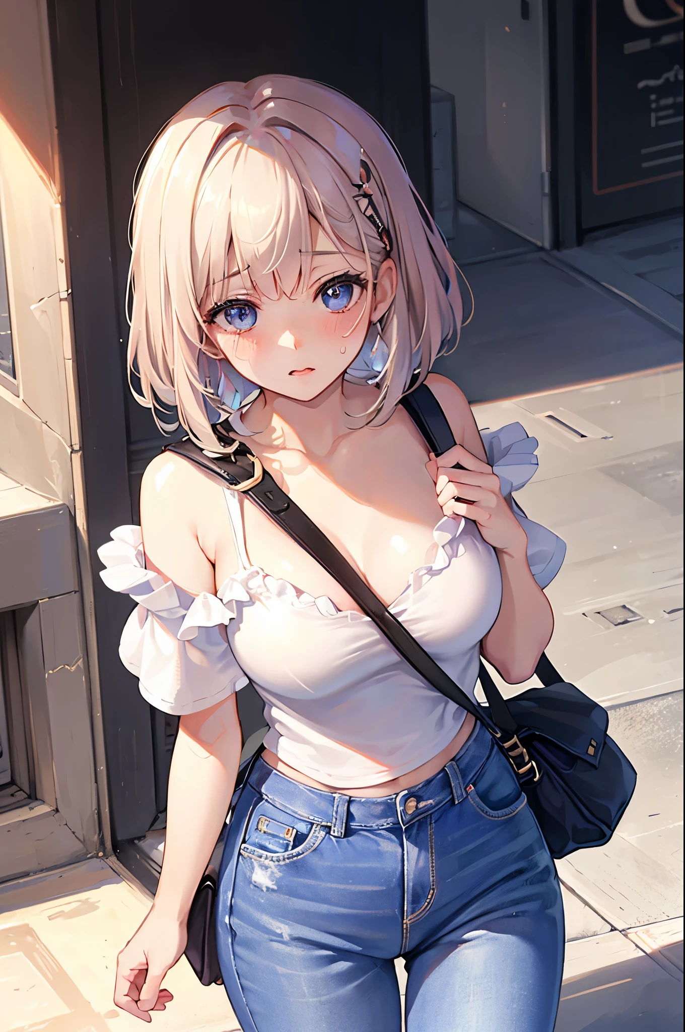(1girl solo:1.2), cowboy shot (dutch angle from above:1.2), looking at viewer, pov,shoulder bag strap between breasts paisura
(walking on stairs:1.2) in train station platform, railing, white t-shirt, jeans, shoulder bag strap between breasts paisura, Silver hair, very short hair, slanted eyes, medium breasts(C Cup)-Pale blue eyes、、8K, highest quality, masterpiece, Ultra-detailed、full lips、、、Blushing、lipstick、Perfect hands、Detailed hand, loose clothes, blush, sweatdrop, pumps, 8K, highest quality, masterpiece, super detailed、、blush、lipstick、medium breasts、perfect hands、detailed hands,shoulder bag strap between breasts paisura、shoulder bag strap between breasts paisura