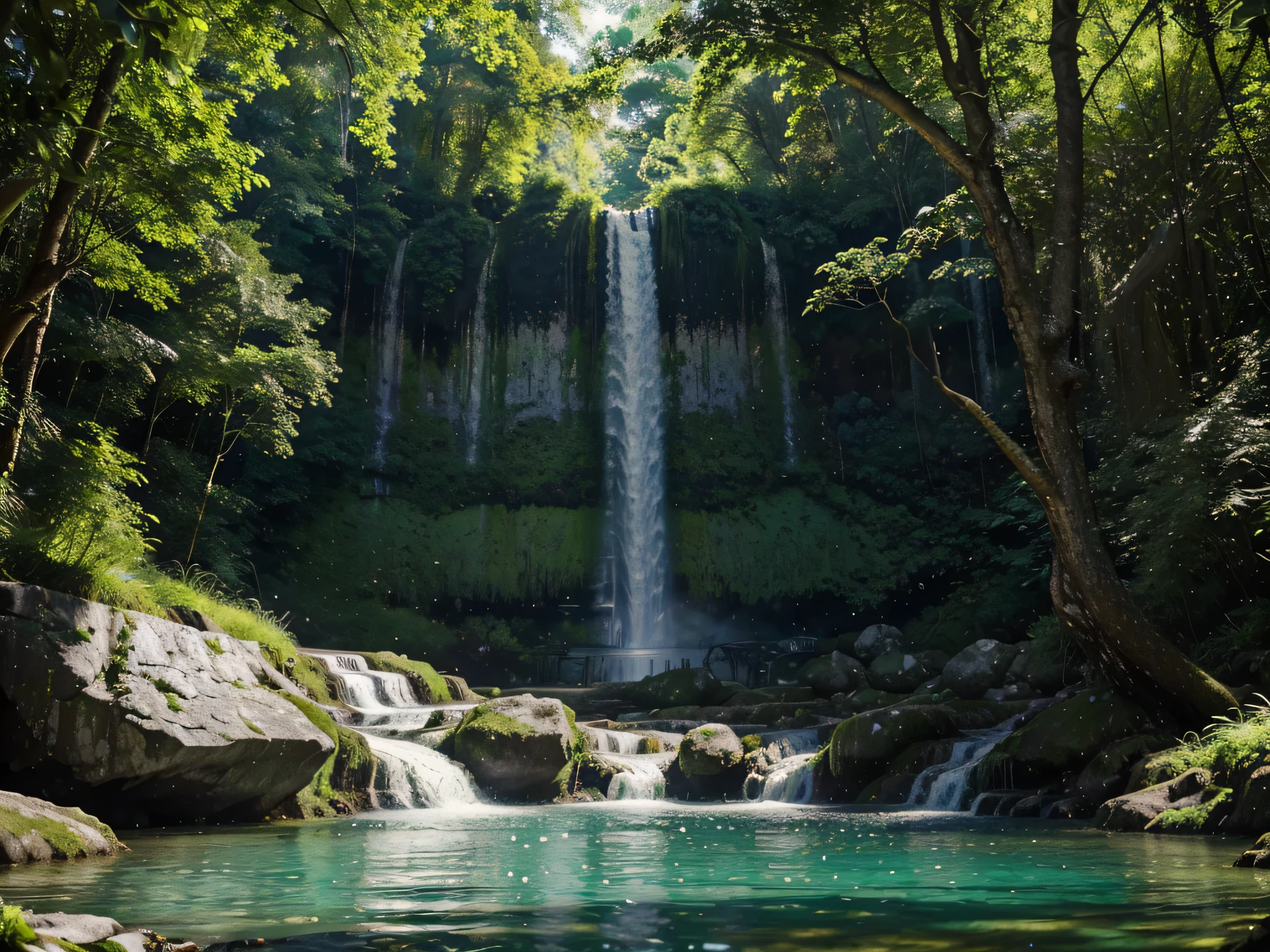 Produce an immersive digital artwork portraying a tranquil forest scene, with a spectacular waterfall cascading into a crystal-clear pool below. Capture the interplay of sunlight and shadows dancing across the lush vegetation and shimmering waters, creating a captivating scene that pops off the screen in vibrant HDR and 4K resolution.