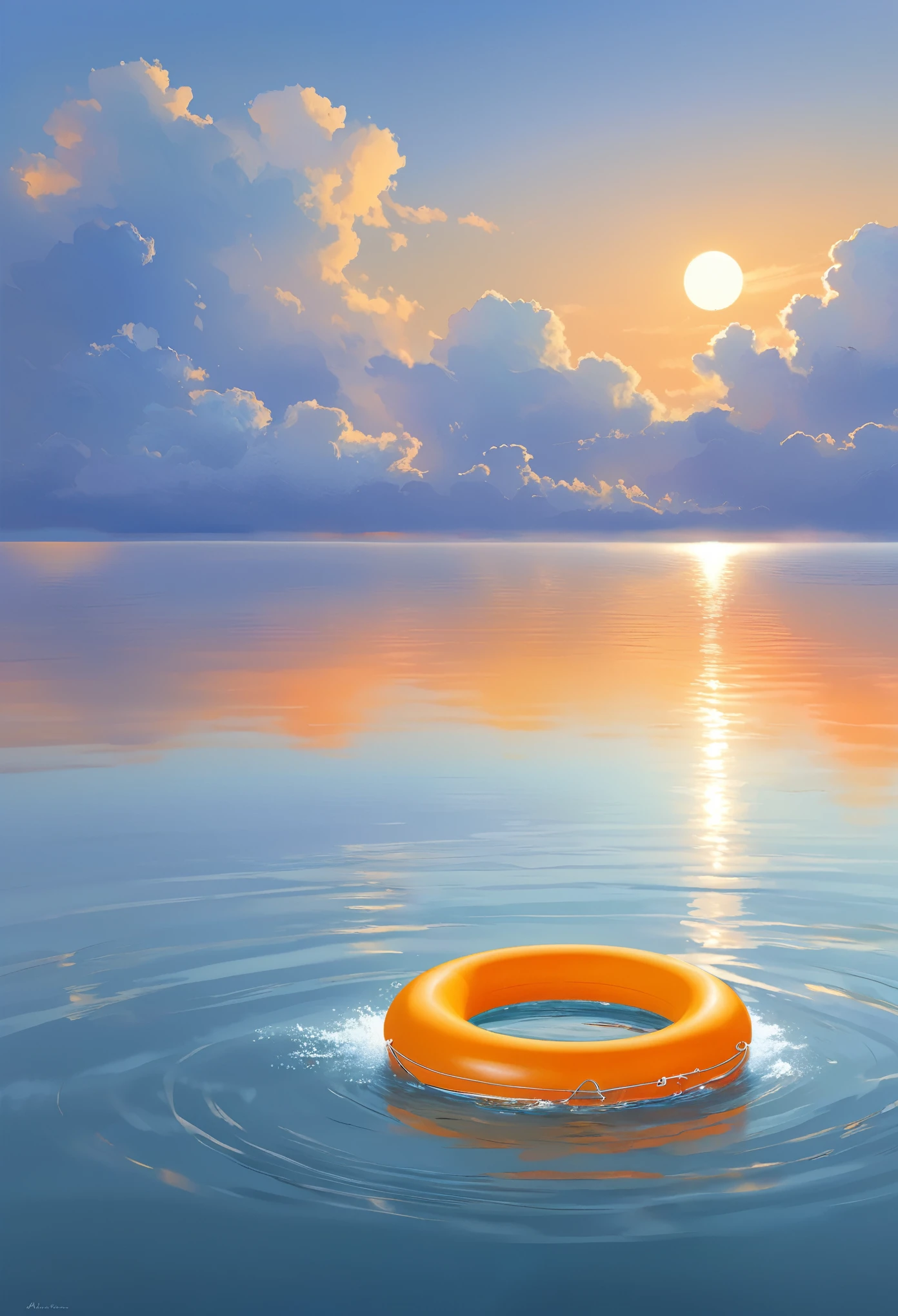 In the middle of the quiet sea,An orange swimming ring,Beautiful and peaceful picture,simple,Minimalism,Soft sunlight,Soothing atmosphere,Peaceful Mood,Serene Palette,picturesque scenery,Composition,Ethereal Beauty,An oasis of tranquility,Stunning views,Relaxing atmosphere,Tranquil stillness,The flow of clouds,Subtle ripples on the water,Seamless blend of colors,The tranquility captured in every stroke,The tranquil energy emanating from the artwork,A moment of tranquility is frozen in time,A peaceful escape from the chaos of the world。