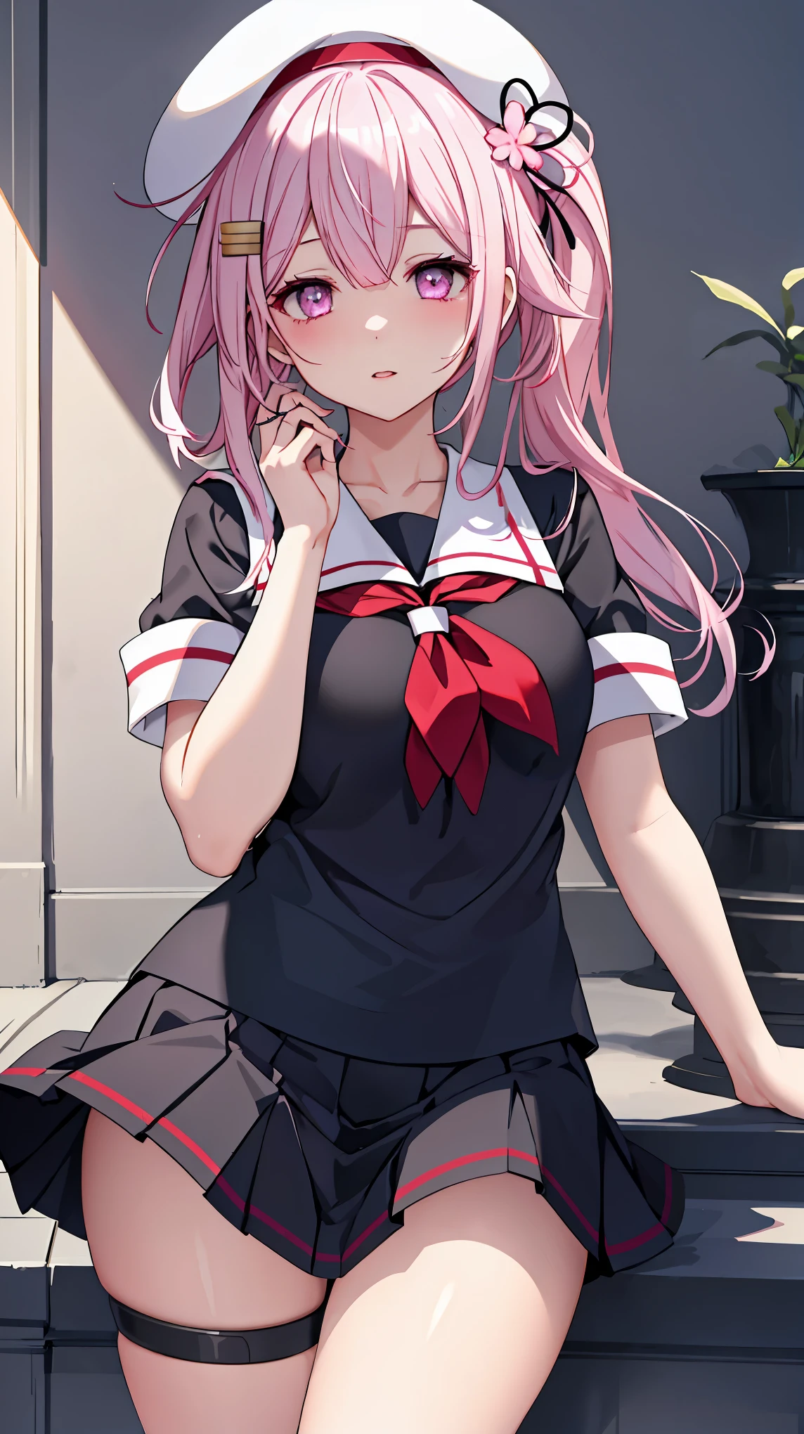 (masterpiece), (best quality), (ultra-detailed), photorealistic, (best illustration), (an extremely delicate and beautiful), 1girl, solo,(KanColle Harusame) black uniform black skirt pink hair White beret cap masterpiece, best quality, (ssao shadows), detailed, intricat (purple eyes) pretty face, skin indentation, stunning eyes, rim lighting, skin shading, sub surface scattering Very Fine Eyes Very Fine Face、Insanely detailed body、Extremely fine skin, very elaborate hair ornament, Precisely shaped body and hands