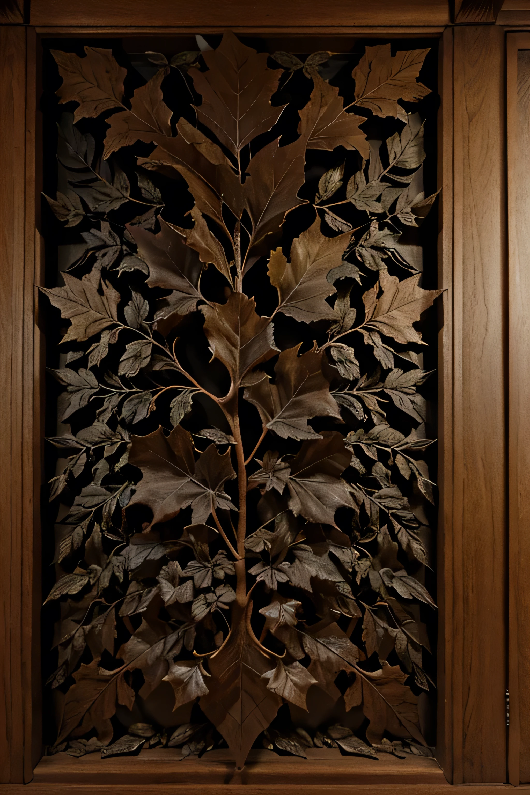 decorative, bas relief black oak leaves, high detail, renaissance, floral, composition , many leaves close together one branch, oversized leaves, big leaves, small birds in the leaves