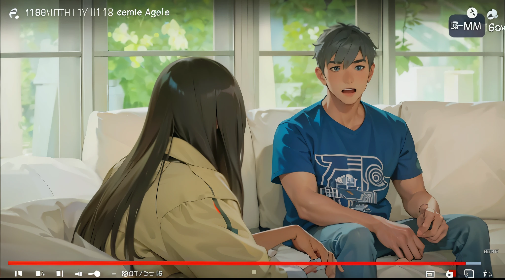 estilo anime 2d, There is a woman with gray hair, her back is turned, and a -yeld boith gray hair, blue eyes, is talking, he is sad.