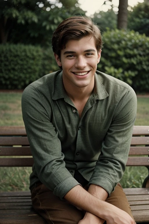 A vintage grainy low quality realistic photograph in the 60s, a handsome young man smiling, sitting on a bench, 60s quality,1960s grainy quality,