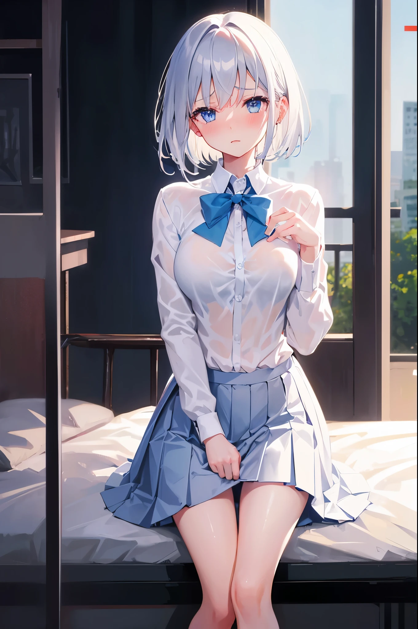 vibrator、vagina、I can see the vagina、Not wearing panties、Lower body nude、1dildo,underwear,dildo under nude,dildo under clothes,dildo in nude,standing,bra、Silver hair, very short hair, slanted eyes, medium breasts(C Cup)-Pale blue eyes、陰My crotch is wet、、tearful,Convulsing、The genitals are wet、My crotch is wet、collared shirt, pleated skirt, , bow、spread legs, legs up、missionary positionbird’s eye view,spread legs,1 boy and 1girl are having sex,、On the bed、Glamorous expression、、A table that looks like it's about to cum、Embarrassed、night、8K, highest quality, masterpiece, Ultra-detailed、full lips、、、Blushing、lipstick、Big Breasts、Perfect hands、Detailed hand、On the bed、Feeling embarrassed,nsfm、collared shirt, pleated skirt, , bow、Silver hair, very short hair, slanted eyes, medium breasts(C Cup)-Pale blue eyes、陰My crotch is wet,1dildo,underwear,dildo under panties,dildo under clothes,dildo in pussy,standing,bra