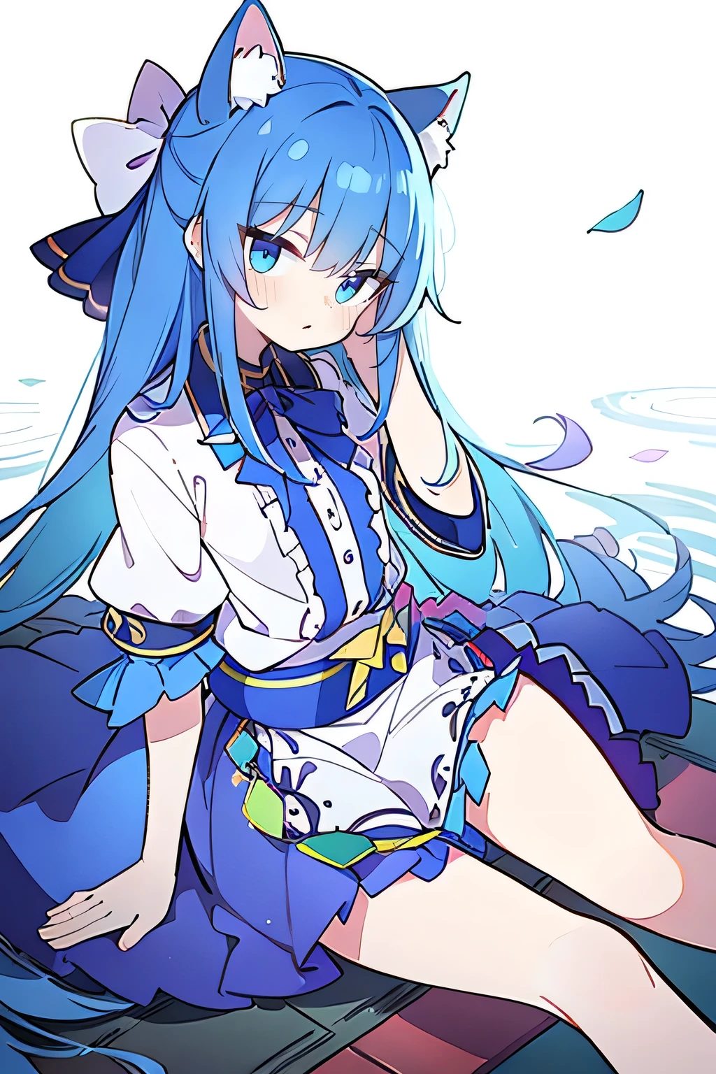 (masterpiece:1.2),ultra-detailed,realistic,expressive eyes,fair-skinned,perfectly shaped face,1girl,
Japanese cartoons,Gorgeous blue hair, flowing blue hair,floating clothes,cat ears,petals falling,beautiful Lola,Hina Angel,
hands on waist,gracefully sitting on the ground,legs crossed,gentle and serene background,cool and comfortable pavilion,shy face ,night .