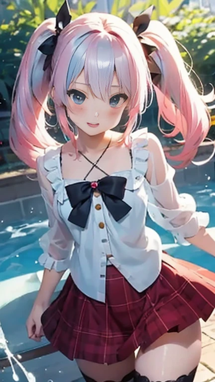 Anime girl with pink hair and a ribbon in her hair, Cute realistic portrait, 髪の毛はSilver、Gweitz, Magical Girl Portrait, Cute Characters, Cute art style, Anime Moe Art Style, MapleStory character art, cute portrait, Cute Anime Girl Portrait, Small person portrait, artwork in the style of Gweitz, Splash Art Anime ,Lace blouse、See-through、See-throughのワンピースの水着、White ilver、Long twin tails、bird、Wind、Thick thighs