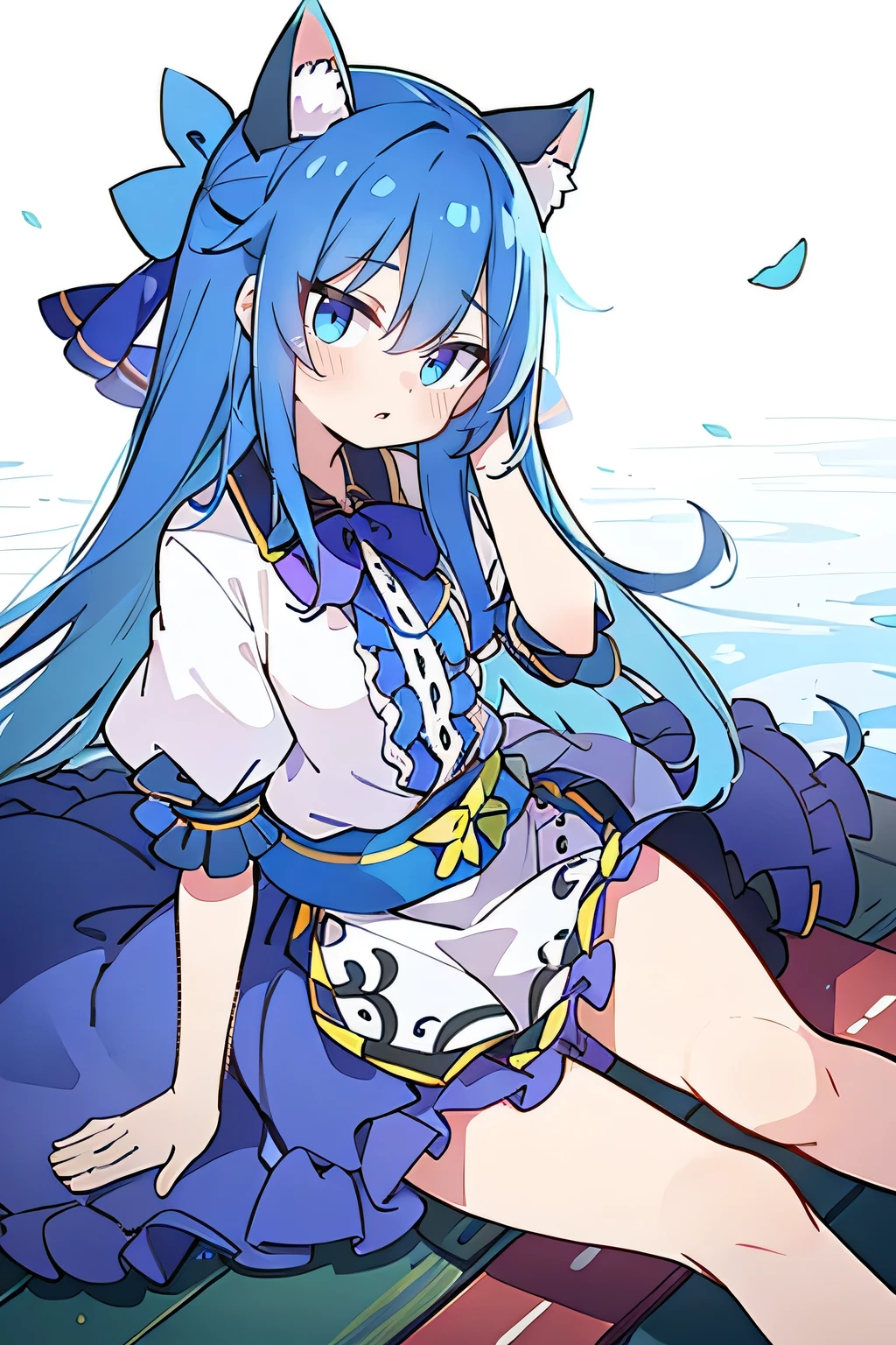 (masterpiece:1.2),ultra-detailed,realistic,expressive eyes,fair-skinned,perfectly shaped face,1girl,
Japanese cartoons,Gorgeous blue hair, flowing blue hair,floating clothes,cat ears,petals falling,beautiful Lola,Hina Angel,
hands on waist,gracefully sitting on the ground,legs crossed,gentle and serene background,cool and comfortable pavilion,shy face ,night .