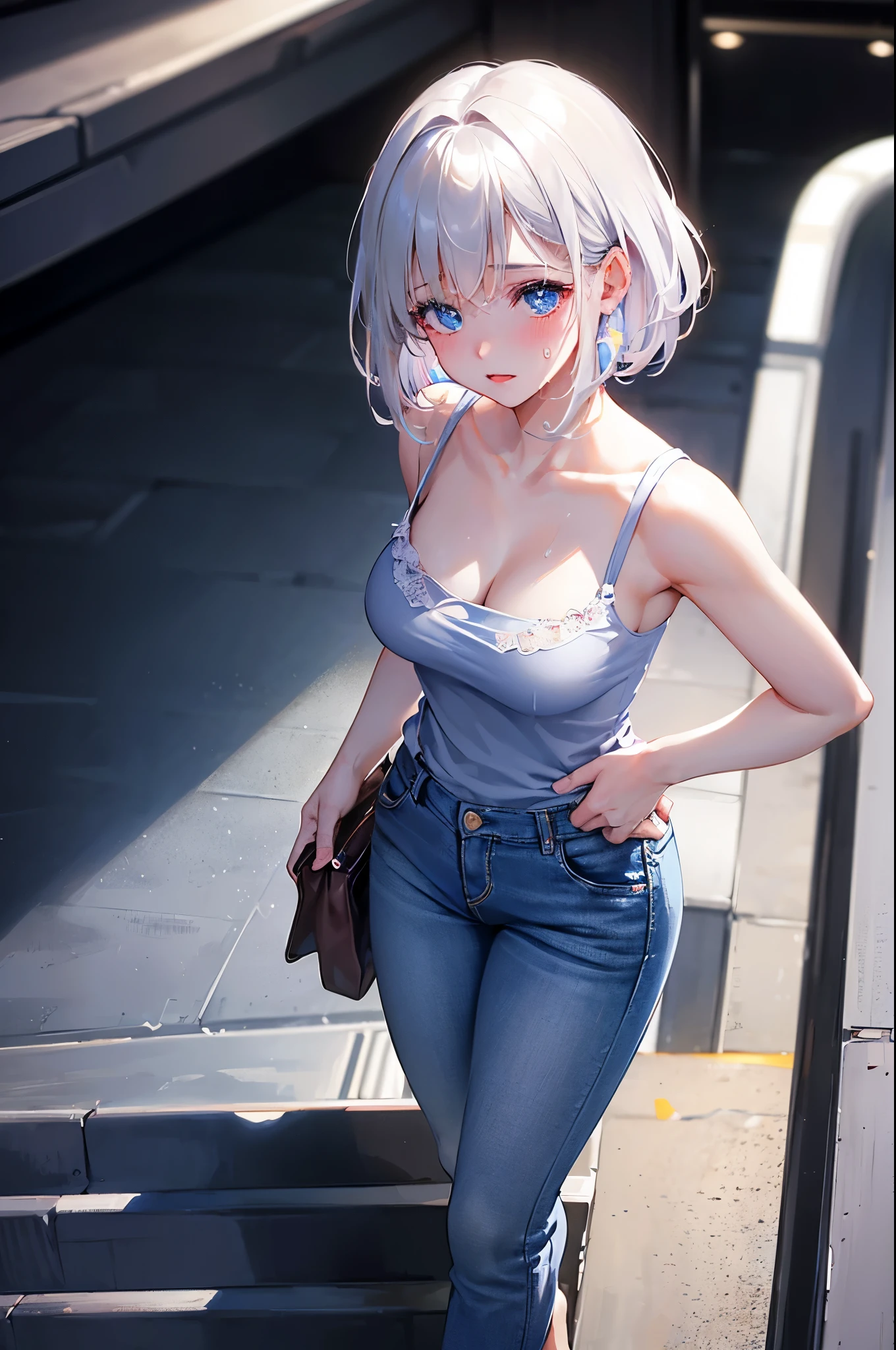 (1girl solo:1.2), cowboy shot (dutch angle from above:1.2), looking at viewer, pov,
(walking on stairs:1.2) in train station platform, railing, white t-shirt, jeans, shoulder bag strap between breasts paisura,Silver hair, very short hair, slanted eyes, medium breasts（C Cup)-Pale blue eyes、８K, highest quality, masterpiece, Ultra-detailed、full lips、、、Blushing、lipstick、Perfect hands、Detailed hand、、full lips、Pale blue eyes、、perfect hands、detailed hands
 , blush, sweatdrop, pumps,
