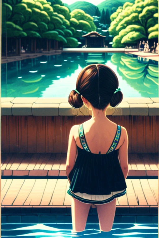 One girl, Looking at the audience, water, Pool, lake, shrine, Require
