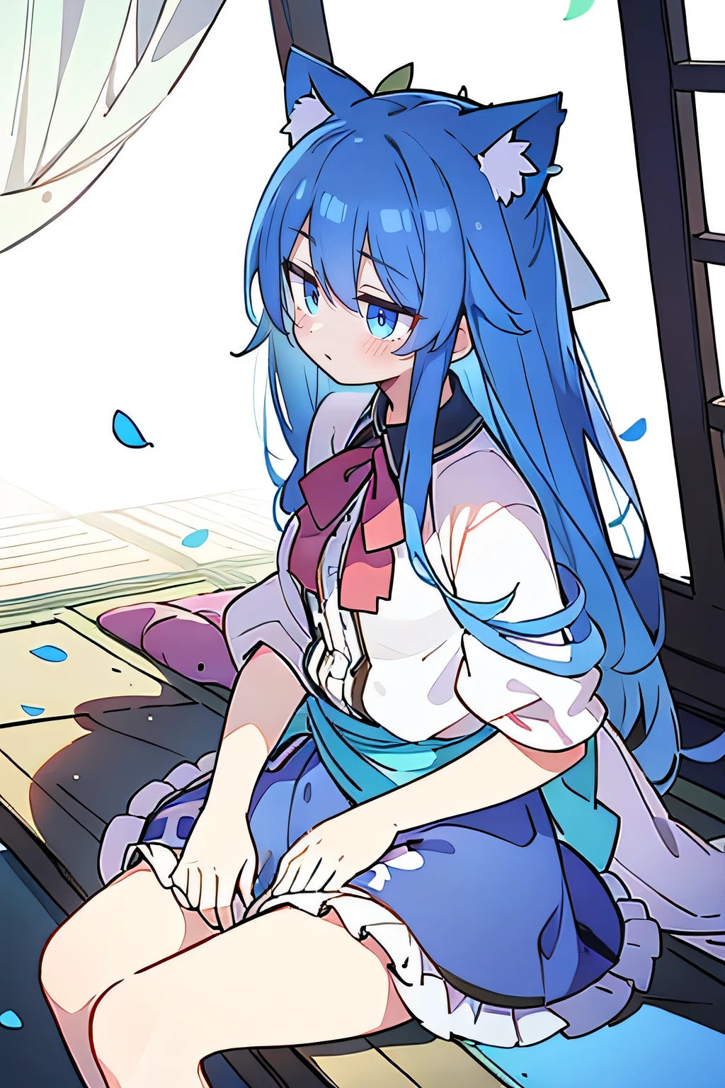 (masterpiece:1.2),ultra-detailed,realistic,expressive eyes,fair-skinned,perfectly shaped face,1girl,
Japanese cartoons,Gorgeous blue hair, flowing blue hair,floating clothes,cat ears,petals falling,beautiful Lola,Hina Angel,
hands on waist,gracefully sitting on the ground,legs crossed,gentle and serene background,cool and comfortable pavilion,shy face ,night .