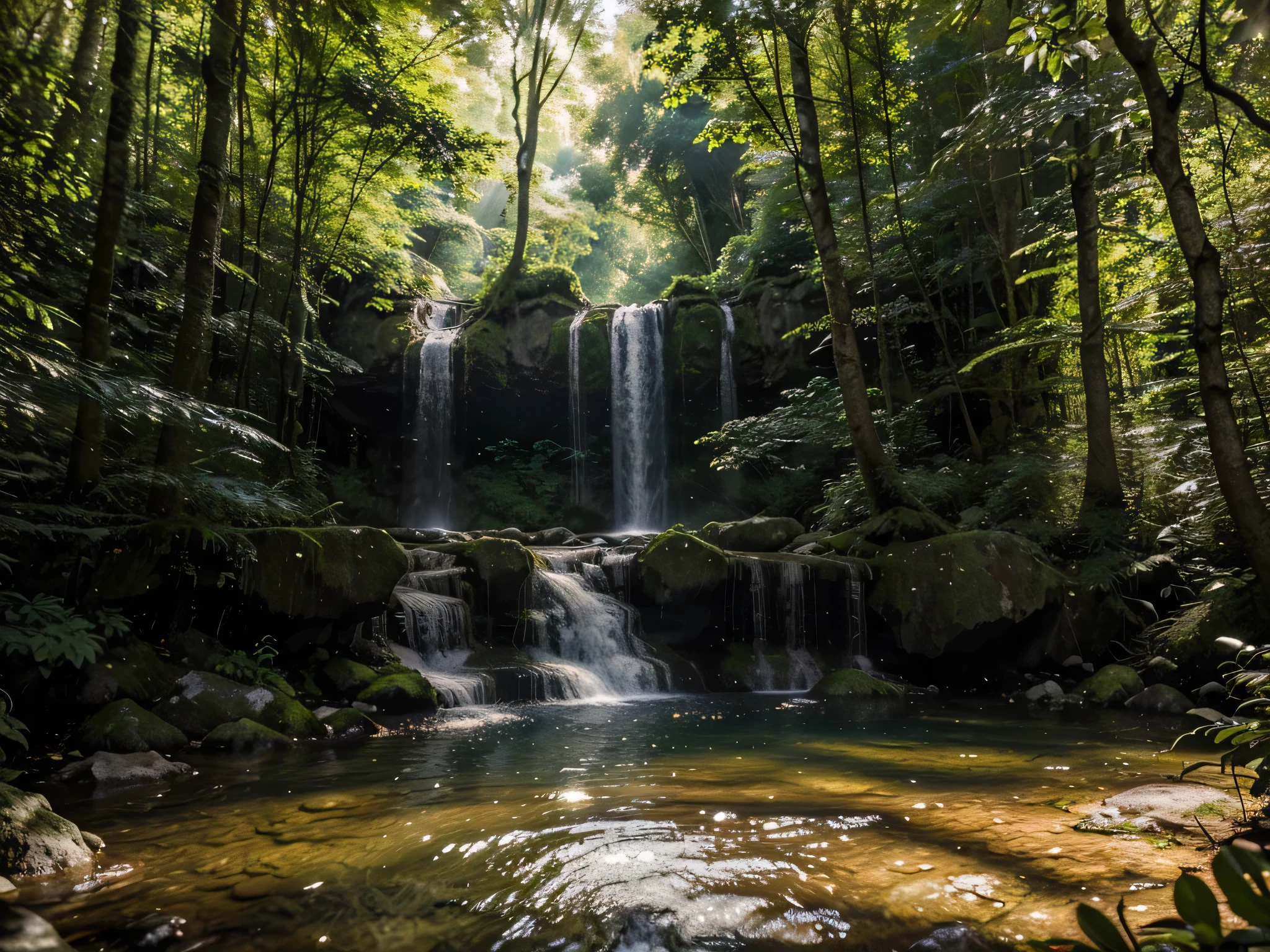 Develop an ultra-realistic HDR composition featuring a secluded forest glade with a stunning waterfall as its centerpiece. Let the sunlight pierce through the dense foliage to illuminate the crystal-clear waters below, capturing every intricate detail of the natural landscape in breathtaking 4K resolution.