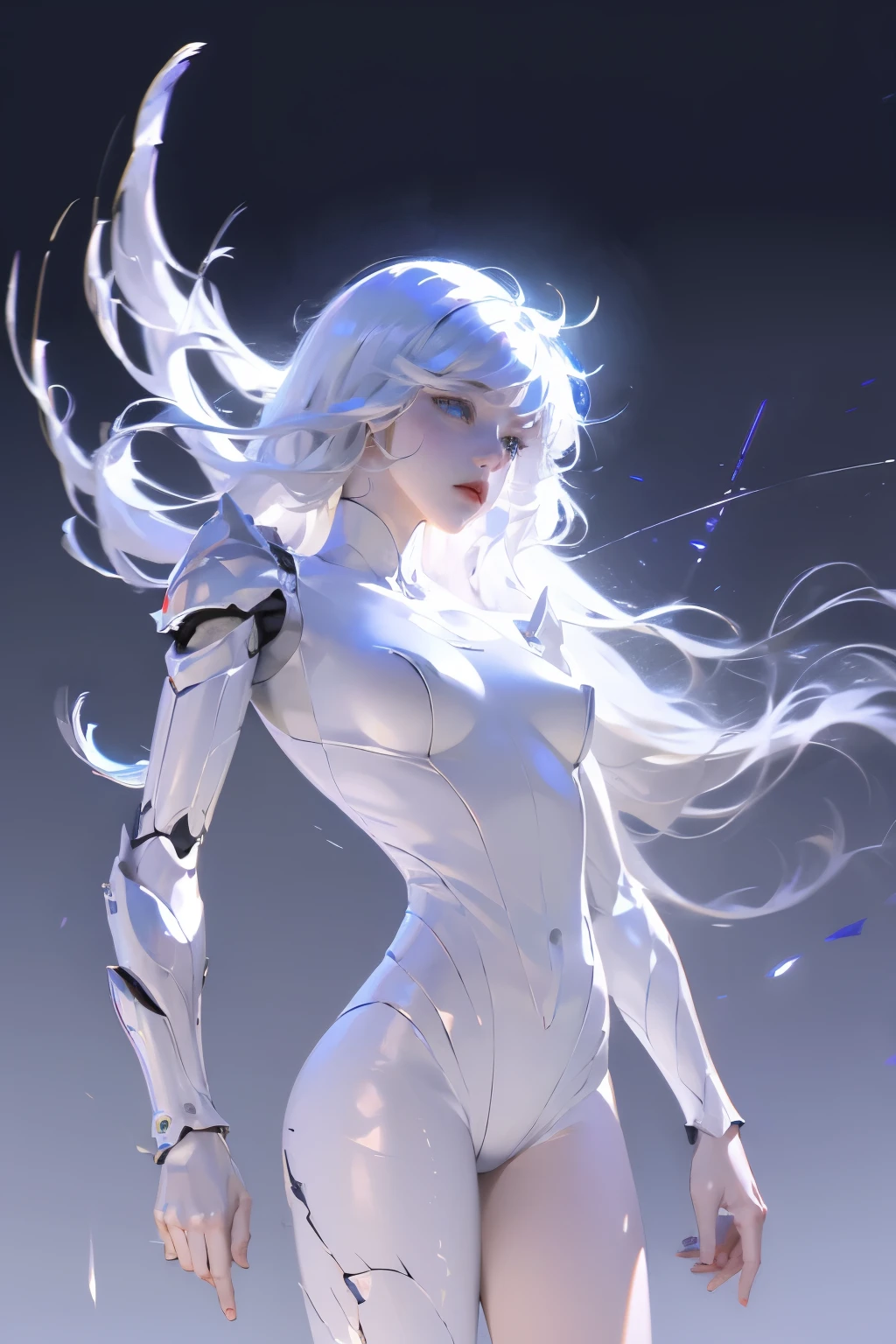 ((girl, Mecha)), Glowing eyes, Delicate face, Damaged Armor, Mechanical aura, Mechanical arm, White hair, Long hair, Ceramic body, Thigh clearance, Small breasts, Network Background, Very nice city, (translucent, Reflective Skin), 8k, best quality, Super detailed, (Surrealism: 1.4),  