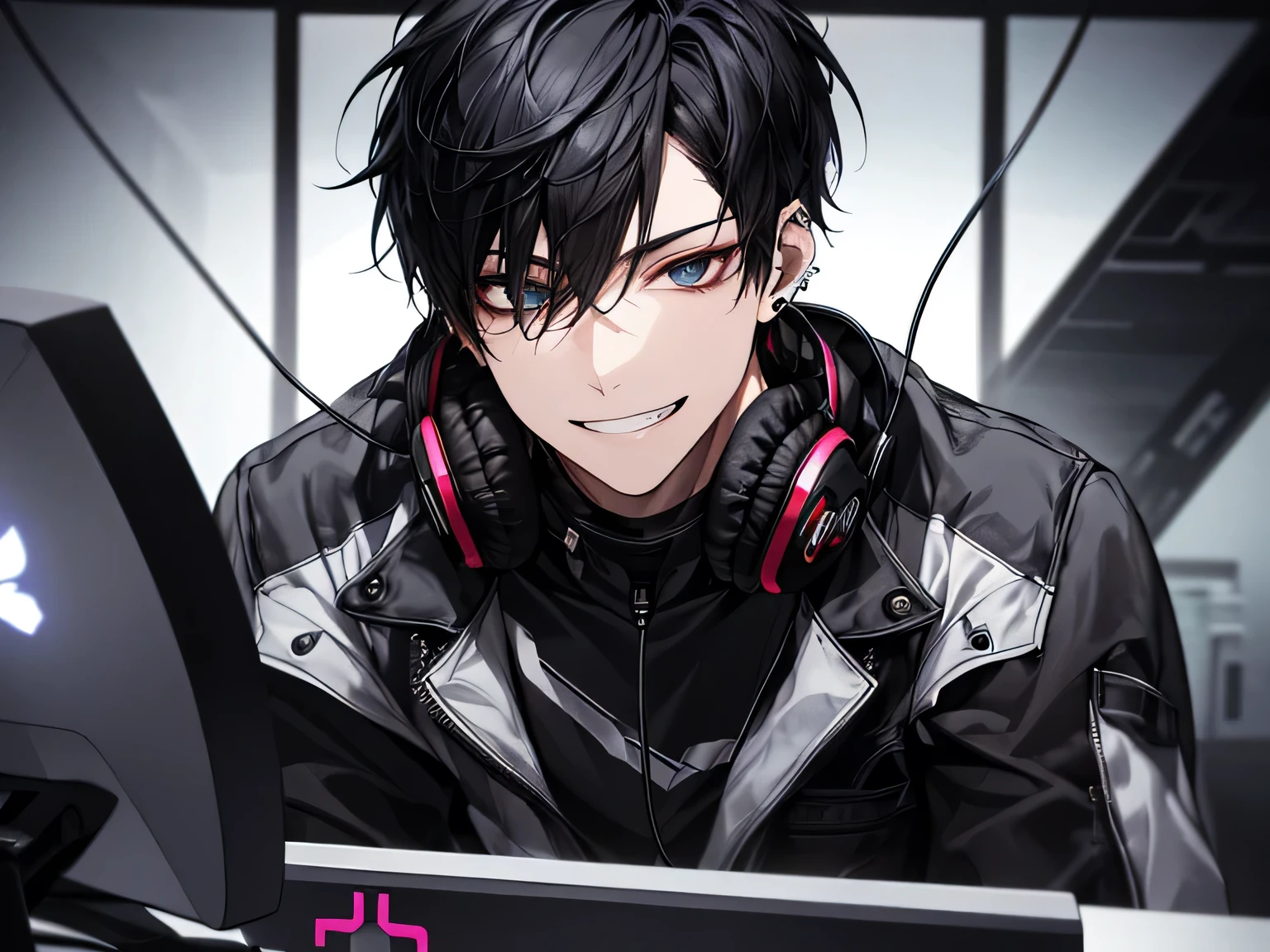 Face close-up,(Ultra-high resolution: 1.0), male,Upper Body,people,Grin, Mashed black hair、Headphones on neck, Ear piercing,, Remove the black mask,sit in front of the computer and play games, E-sports room background,