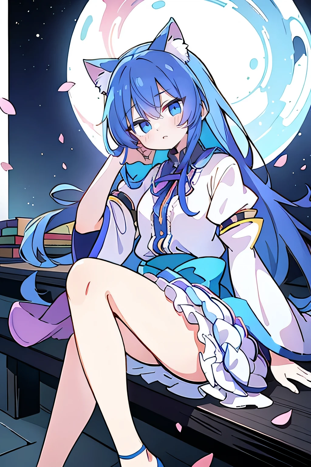 (masterpiece:1.2),ultra-detailed,realistic,expressive eyes,fair-skinned,perfectly shaped face,1girl,
Japanese cartoons,Gorgeous blue hair, flowing blue hair,floating clothes,cat ears,petals falling,beautiful Lola,Hina Angel,
hands on waist,gracefully sitting on the ground,legs crossed,gentle and serene background,cool and comfortable pavilion,shy face ,night .
