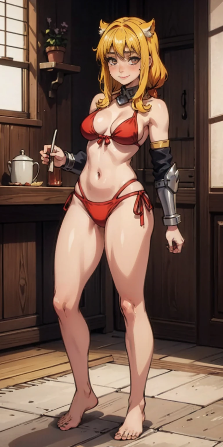 Roxanne Demin kin 1girl, solo, medium breasts, Body position: Standing, straight, symmetrical, barefoot, Lustful smile on face with red blush, fluffy ears, dog ears, blonde hair, bikini armor venus body