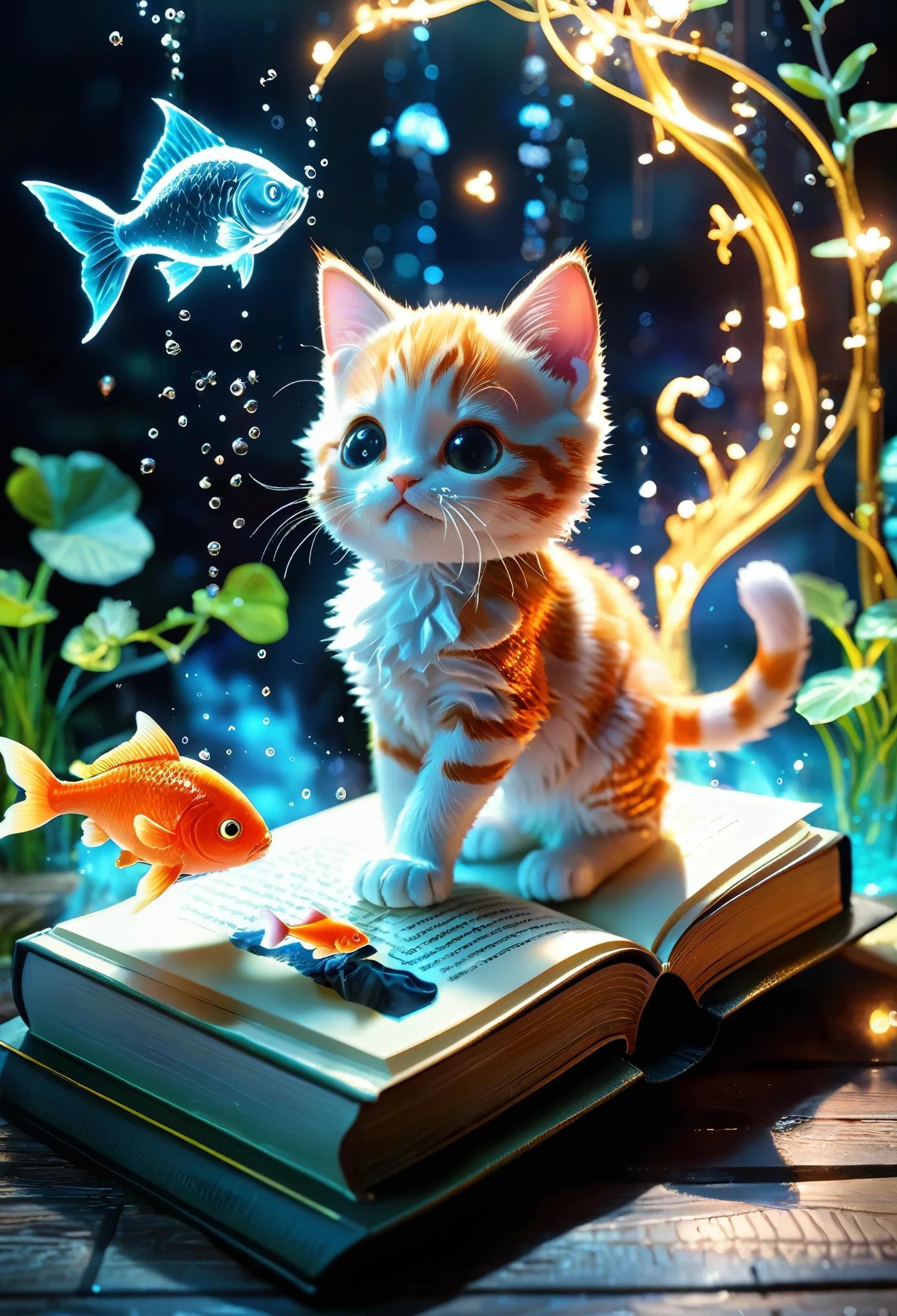 excellent quality, masterpiece, best quality, Super detailed, Super detailed, Ultra HD, Perfect anatomical structure, Magical World,
(Kitten and fish:1.4), Fish in the air, Spell Magic to get fresh fish as food,( Fish jumping out of the magic book:1.3), energy flow,
The whole body of a cute kitten, Kawaii, Wearing witch robes, Witch hat, Holding a magic book, Magic book in a hand, Spell Magic,
Extremely detailed,
Glowing neon lights, luminescent,