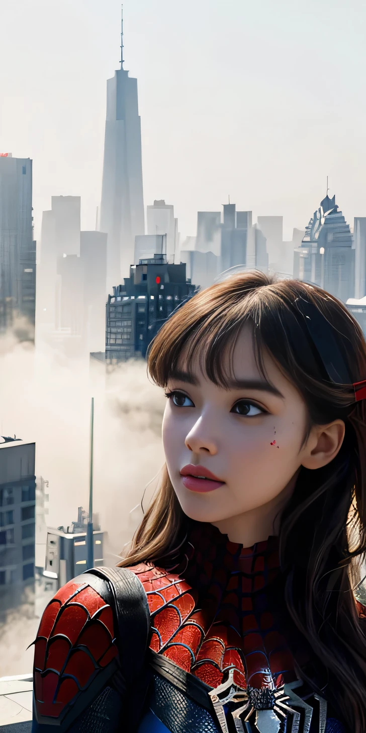 (1girl:1.3), Solo, (((Very detailed face)))), ((Very detailed eyes and face)))), Beautiful detail eyes, Body parts__, Official art, Unified 8k wallpaper, Super detailed, beautiful and beautiful, beautiful, masterpiece, best quality, original, masterpiece, super fine photo, best quality, super high resolution, realistic realism, sunlight, full body portrait, amazing beauty, dynamic pose, delicate face, vibrant eyes, (from the front), She wears Spider-Man suit, red and black color scheme, spider, very detailed city roof background, rooftop, overlooking the city, detailed face, detailed complex busy background, messy, gorgeous, milky white, highly detailed skin, realistic skin details, visible pores, clear focus, volumetric fog, 8k uhd, DSLR, high quality, film grain, fair skin, photo realism, lomography, futuristic dystopian megalopolis, translucent