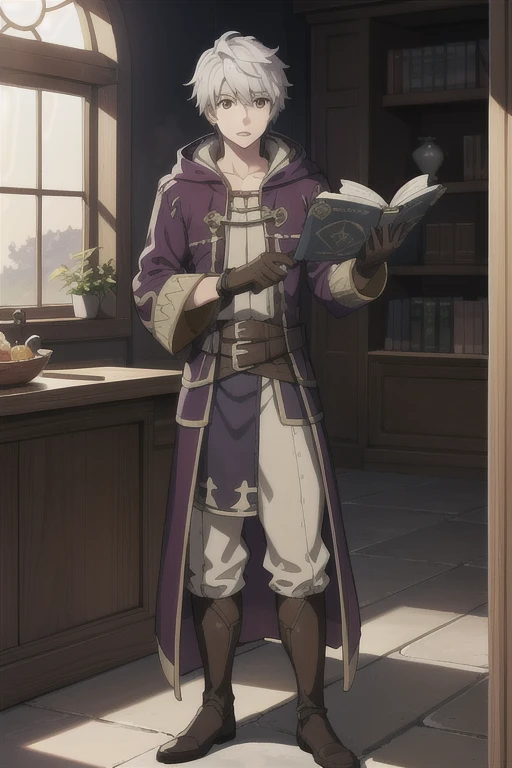 Marelolobin, 1boy,Fire Emblem Awakening,Food, Brown eyes,beautiful detailed eyes,Wizard, Robe, pants, gloves, 1 book, whole body, Are standing, View your viewers, noon,Plains,battlefield