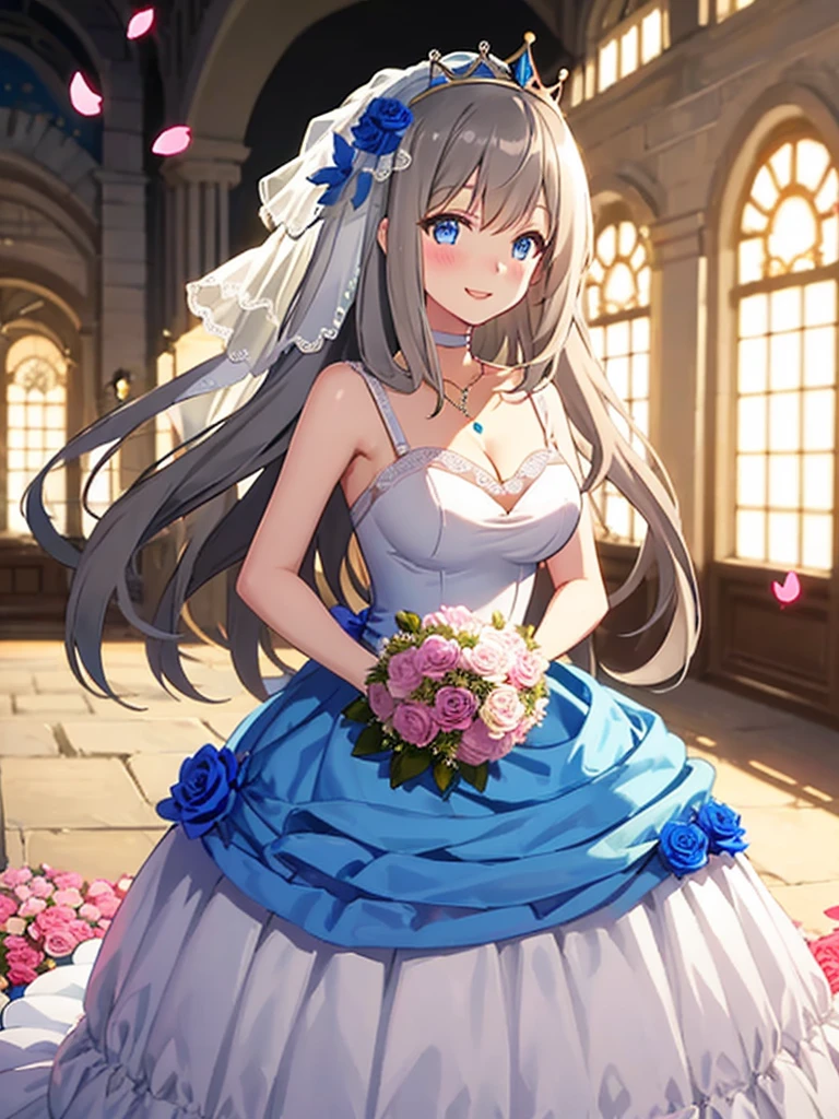 ((Masterpiece)), (((Best quality))), ((Ultra-detailed)), ((illustration)), ((Disheveled hair)), ((frilld)), (1 girl), (Solo),(Wedding princess dress:1.2),posterior view,bblurry,depth of fields,blur backgroun,blur foreground,mitts,whitegloves,motionblur,photore_\(curly\),alternative costume, Dark gray hair, Blue eyes, blueflower, Blue rose, Blush, Bouquet, Breasts, Bridal veil, Bugs, Butterfly, choker necklace, cleavage, Clothing, crown, dress, Female, flower, frill dress, frilld, full body, mitts, headdress, Headwear, insect, jewelry, Large breasts, Long hair, necklace, petals, Rose, Smile, head gear, light yarn,Solo