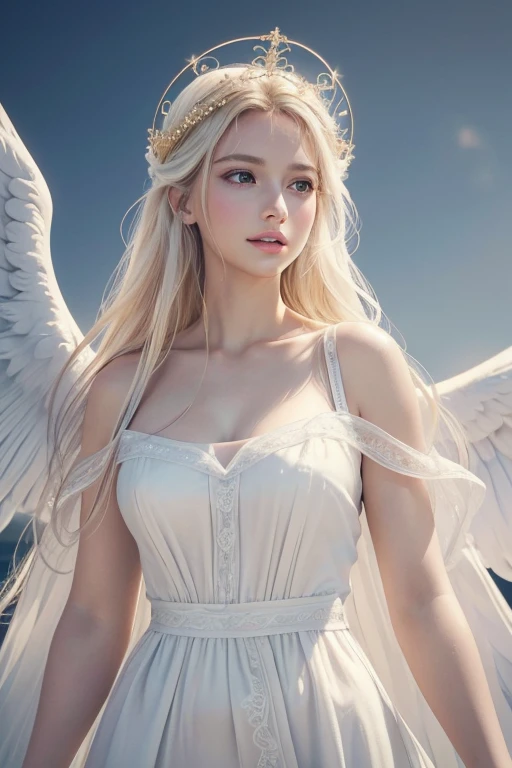 (best quality,4k,8k,highres,masterpiece:1.2),ultra-detailed,(realistic,photorealistic,photo-realistic:1.37),angelic woman,white wings,heavenly dress,white long hair,beautiful detailed eyes,beautiful detailed lips,radiant smile,floating gracefully,golden halo,soft ethereal lighting,vivid colors,subtle pastel palette,portrait style,serene atmosphere