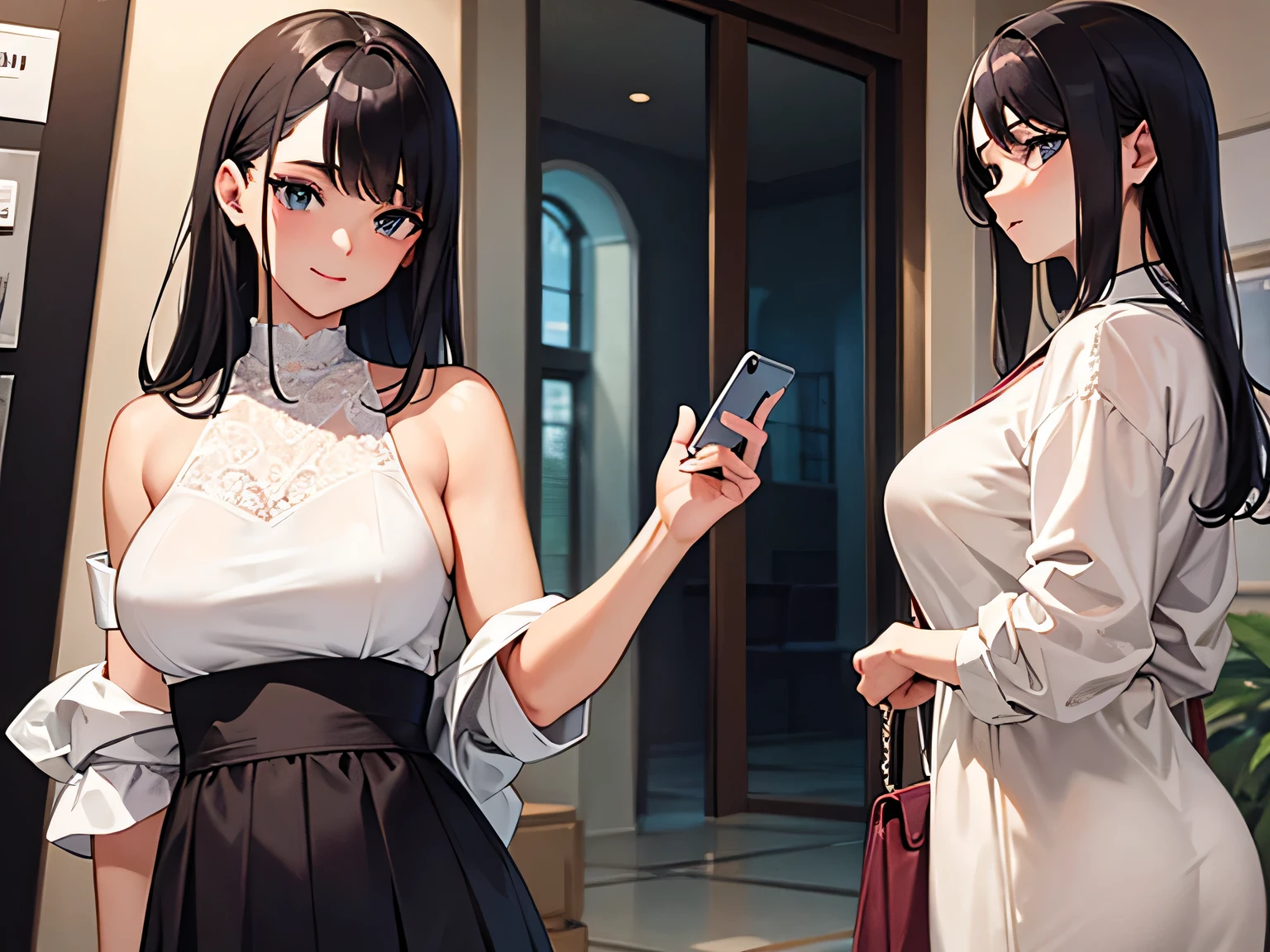masterpiece, best quality,Beauty holding a cell phone in one hand,Looking at the phone carefully