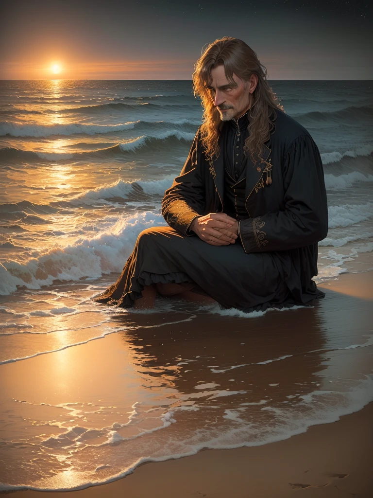 there is a man sitting on the beach at night looking at the water, inspired Direction: Laurits Tuxen, inspired Direction: Jakub Schikaneder, Direction: Laurits Tuxen, kramskoi, Direction: Jakub Schikaneder, kramskoy 4k, beksisnski, Beksinkski, carl gustav carus, beksiński