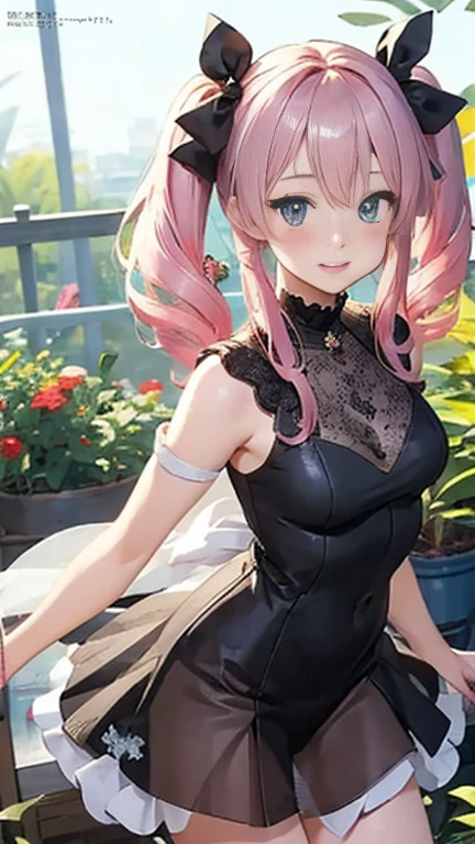 (Masterpiece, BestQuality:1.3), (ultra detailed:1.2), (hyperrealistic:1.3), (RAW photo:1.2), High detail RAW color photo, professional photograph, (Photorealistic:1.4), (realistic:1.4), professional lighting, perfect anatomy, (Big Breasts:1.2), (blush, detailed face), (cheerful Smile:1.5), Trending Hair&Trending Hairカラーをランダムに, earrings, necklace, bracelet, sexy, erotic sexy, Random sexy gravure poses, (A beautiful pink-haired woman wearing a white bustier and skirt、Smiling and posing sexy in a spring flower garden。:1.3)