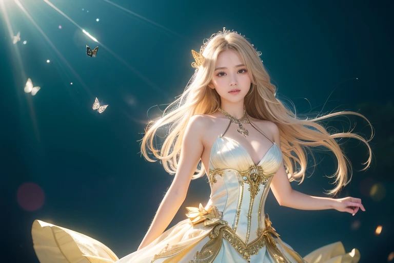 1 girl, masterpiece, very detailed, ((cinematic lighting)), (shine), ((dramatic lighting)), ((beautiful delicate shine)), intricate details, Lens flare, blonde, long hair, colorful dresses, butterfly hair ornament, butterfly, (particles of light), turn your arms behind your back, medium chest, [take up], cowboy shot, light smile, green eyes, church, Stained glass, Spotlight, dark background, floating hair, floating hair, looking at the viewer,((colorful))