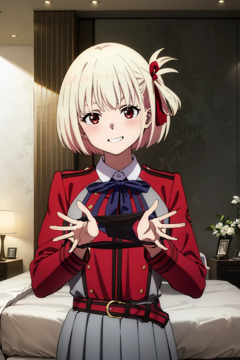chisato nishikigi, short hair, bangs, blonde hair, (red eyes:1.5), hair ribbon, one side up, bob cut, shirt, long sleeves, dress, ribbon, white shirt, collared shirt, belt, neck ribbon, red dress, blue ribbon, pleated dress, grey dress, two-tone dress, red belt, lycoris uniform, middle breasts
BREAK
(nsfw), 1girl, prensentingpanties, black panties, holding,holding panties, upper body
BREAK
(grinning face), (blush:1.2), happy
BREAK
Anime style, official art, best masterpiece, best quality, best resolution, 8K, best detailed, perfect anatomy, in oil painting style
BREAK
bed room, dust, dust, extremely detailed and very fine 16KCG wallpapers