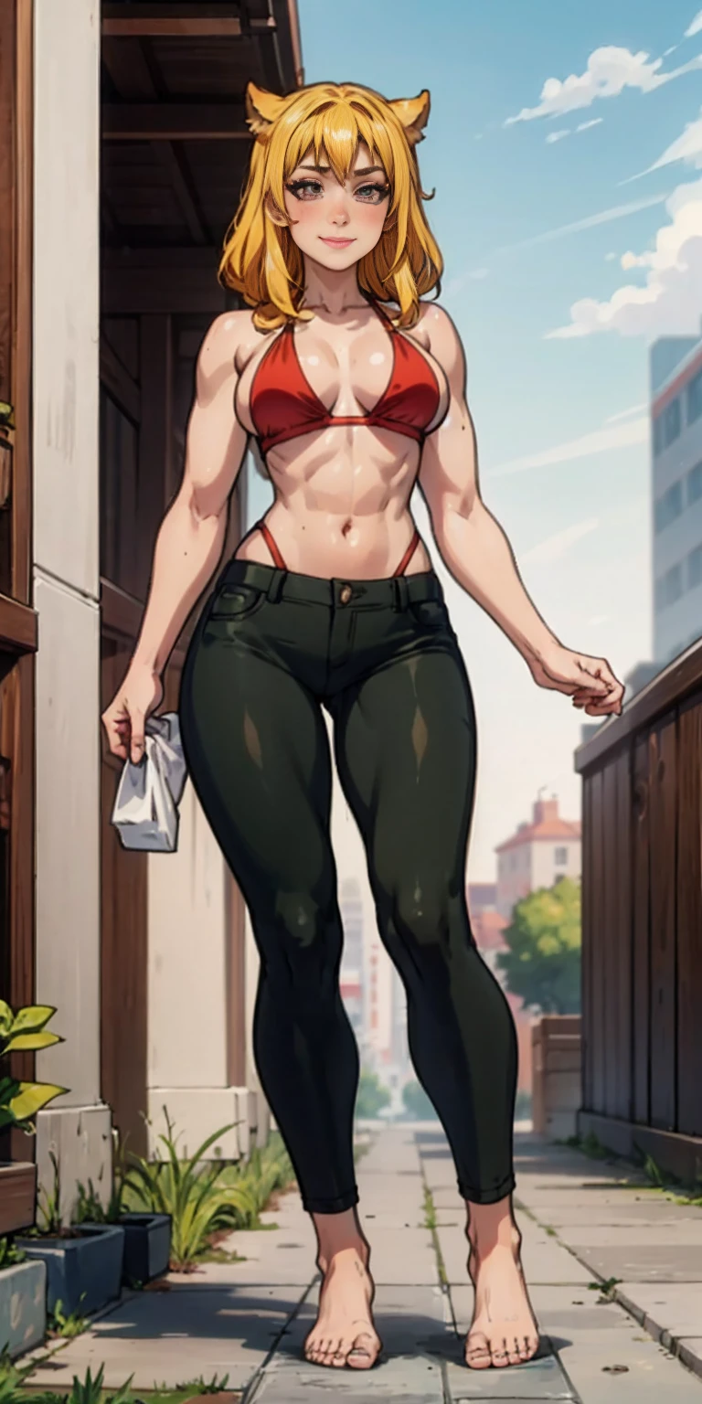 Roxanne Demin kin 1girl, solo, medium breasts, Body position: Standing, straight, symmetrical, barefoot, Lustful smile on face with red blush, fluffy ears, dog ears, blonde hair, bikini armor Venus body, burly woman, exaggerated large muscles, skinny pants, high-heels, standing on your feet, beautiful attractive face, full body like, single female, very fair skin, thin waist