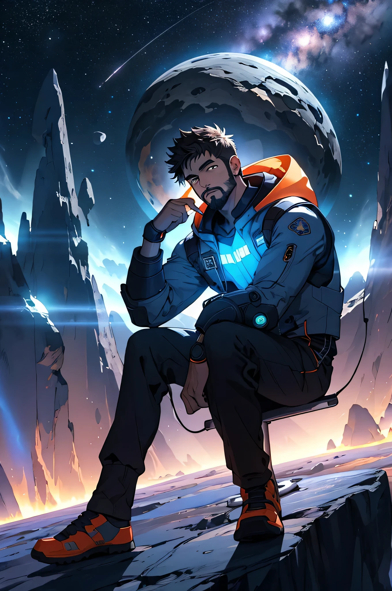 Draw a young programmer, sitting on a research platform floating in the middle of an asteroid belt. He is studying with a notebook, surrounded by several asteroids glowing with fiery auras. Dramatic lighting from distant stars and planets illuminates the scene, casting deep shadows on the suit. The young man looks confident and determined, looking at the vast and mysterious universe with wonder and respect,facial hair, cowboy shot,