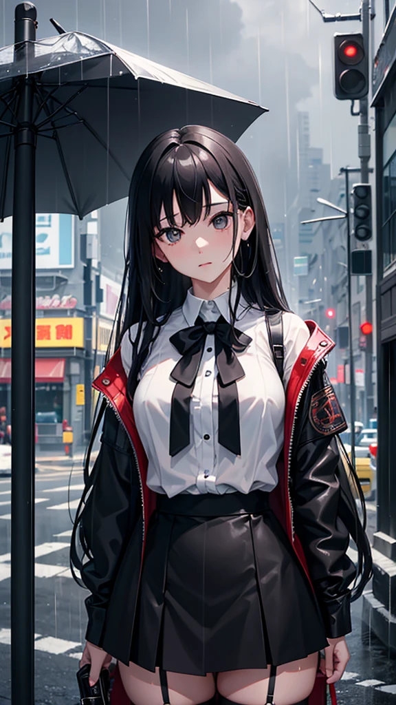 8K，tmasterpiece，Best quality at best，hyper-detailing，realistically，realistically，Extremely detailed face，Movie Lighting，Movie Lighting，Ray traching，unlit hair， on a cloudy street，Corner store，Bus stop，Torrential rain and heavy rain，Girl with long black hair and black eyes.。She is wearing a red hooded jacket，White color blouse，Short black skirt and black garter belt，Clothes soaked by rain，Black exposure，Depth of field tent ），Cinema lens lighting