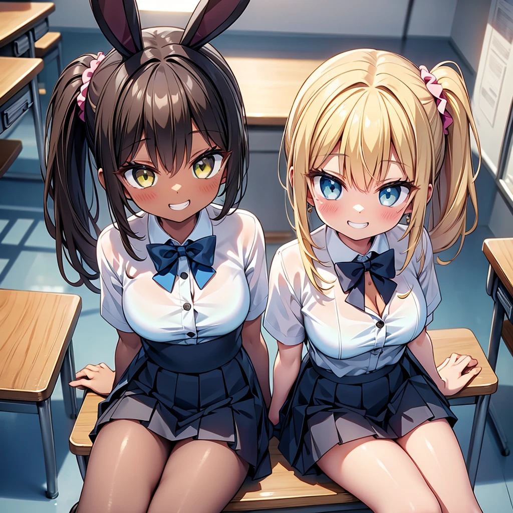 (cute eyes:1.2), (sparkling eyes:1.2), (8K、Best image quality、highest quality、masterpiece)、Detailed face、(2 girls)、Improve、((Brown Skin:1.3))、blonde、Low Ponytail、Scrunchie、Yellow Eyes、Earrings、Wicked Smile、((Grin)), (skinny body:1.2), (huge breasts), (cow print micro bikini:1.1), (wariza:1.4), whole body, Classroom Background, (black stockings:1.2), (Thighs:1.2), (Waistline),(from above:1.2)