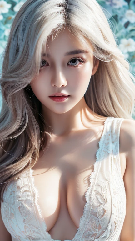 (Surreal), (figure), (High resolution), (8K), (Very detailed), (best figure), (Detailed and beautiful eyes), (highest quality), (Super detailed), (masterpiece), ( wallpaper), (Detailed face), alone, 1 girl, Wavy white hair, Korean, Different Eyes, Long legs, Toned Abs,