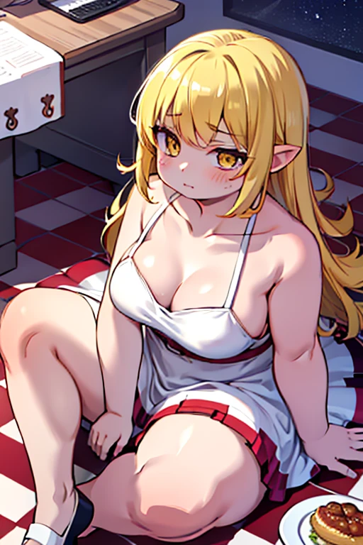 4k, high quality, obese shinobuYoung, masterpiece, Best quality, absurdity, obese 1girl, big cheeks, Blonde hair, Yellow golden eyes, One, Class, night, , Desktop, obese , round table, sitting, spread her legs, looking, bare shoulders, white short dress, sliding belt, clavicle, (view from above:1.1), (inexpressive:1.1), slim, look through, (Checkered floor:1.5), (knee up:1.3)