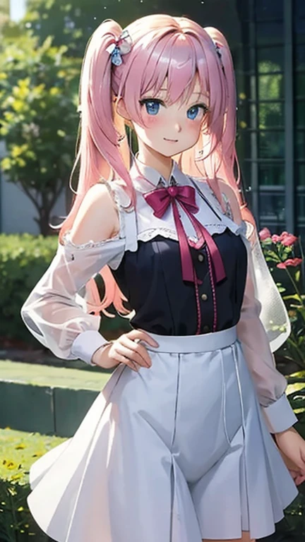 Anime girl with pink hair and a ribbon in her hair, Cute realistic portrait, 髪の毛はSilver、Gweitz, Magical Girl Portrait, Cute Characters, Cute art style, Anime Moe Art Style, MapleStory character art, cute portrait, Cute Anime Girl Portrait, Small person portrait, artwork in the style of Gweitz, Splash Art Anime ,Lace blouse、See-through、See-throughのワンピースの水着、White ilver、Long twin tails、bird、Wind、Thick thighs
