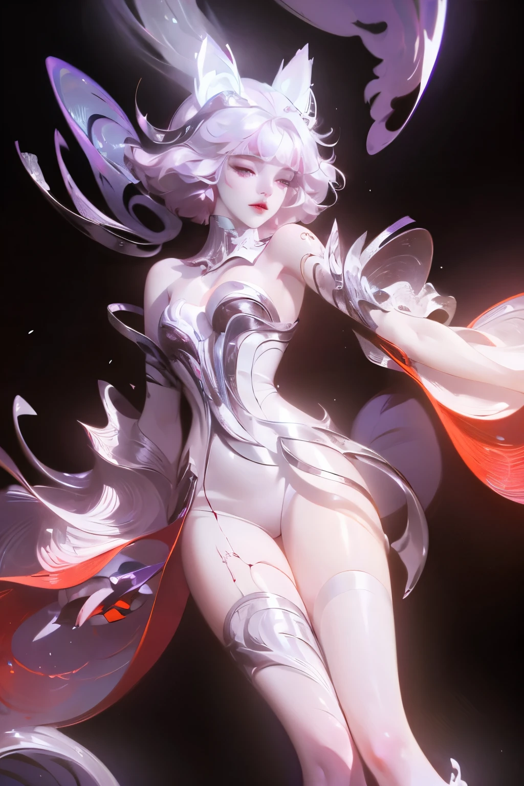 ((girl, Mecha)), Glowing eyes, Delicate face, Damaged Armor, Mechanical aura, Mechanical arm, White hair, Long hair, Ceramic body, Thigh clearance, Small breasts, Network Background, Very nice city, (translucent, Reflective Skin), 8k, best quality, Super detailed, (Surrealism: 1.4),  