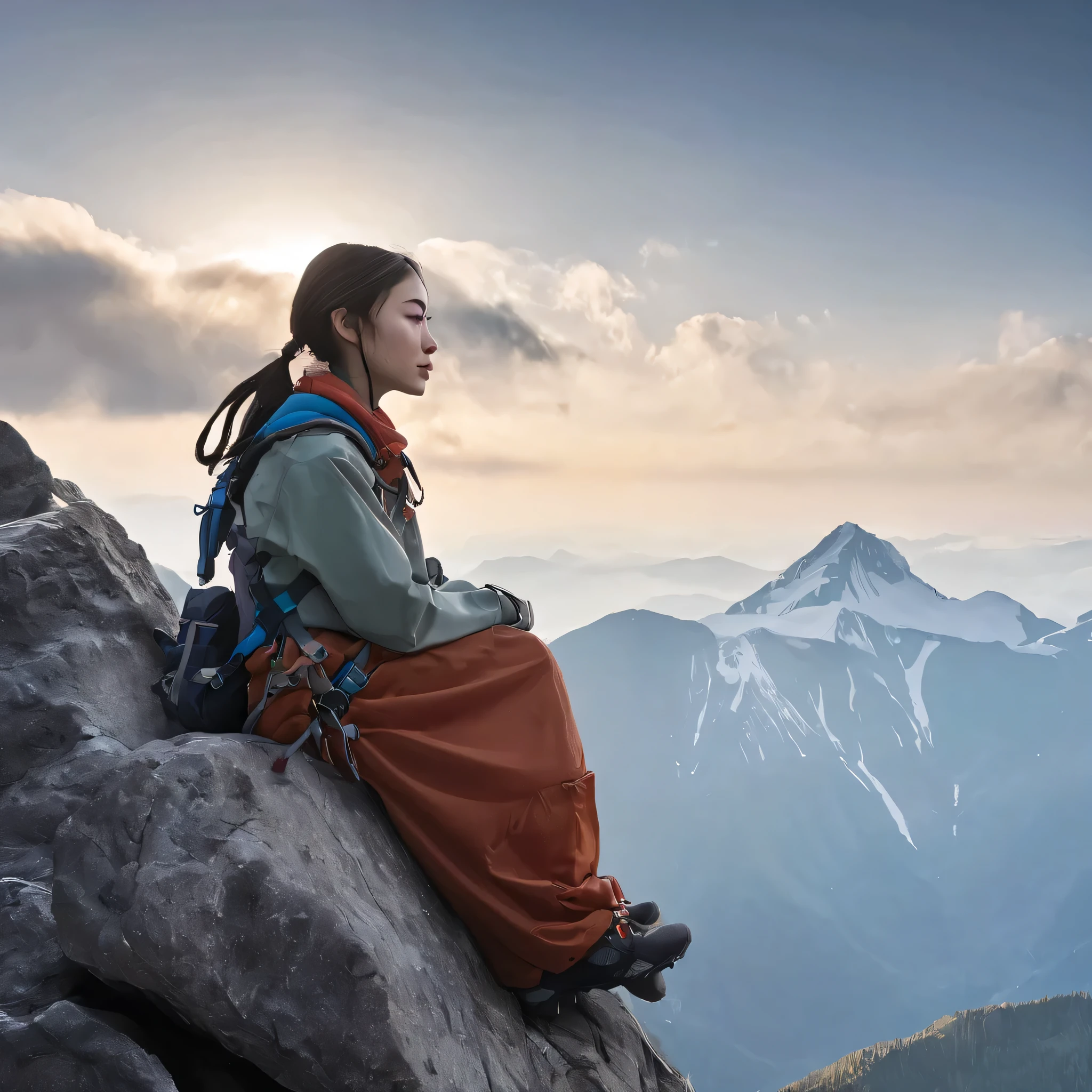 Sure, here's a description of the scene featuring a girl sitting on the rock in mountaineering attire at the summit of a mountain, gazing into the distance