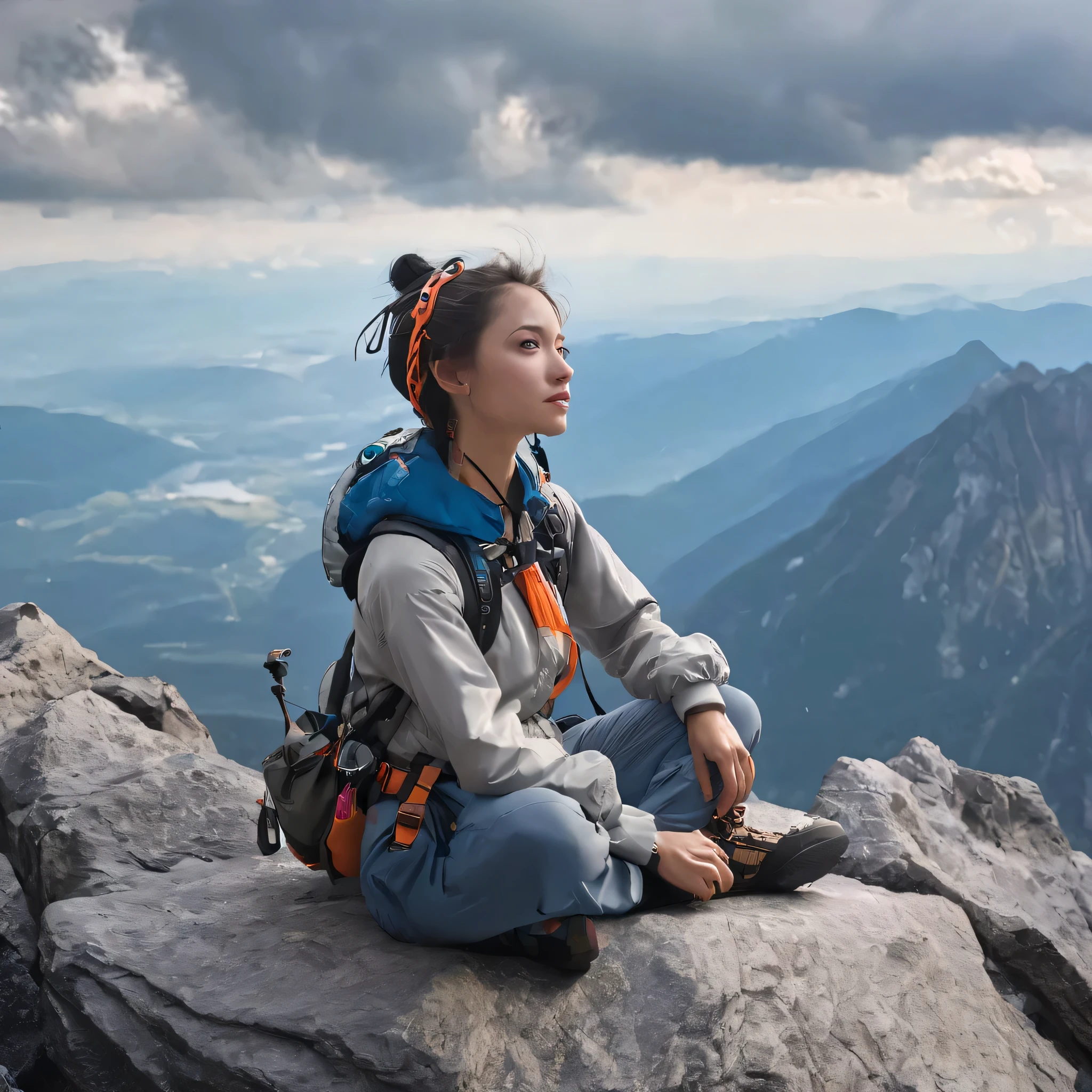 Sure, here's a description of the scene featuring a girl sitting on the rock in mountaineering attire at the summit of a mountain, gazing into the distance