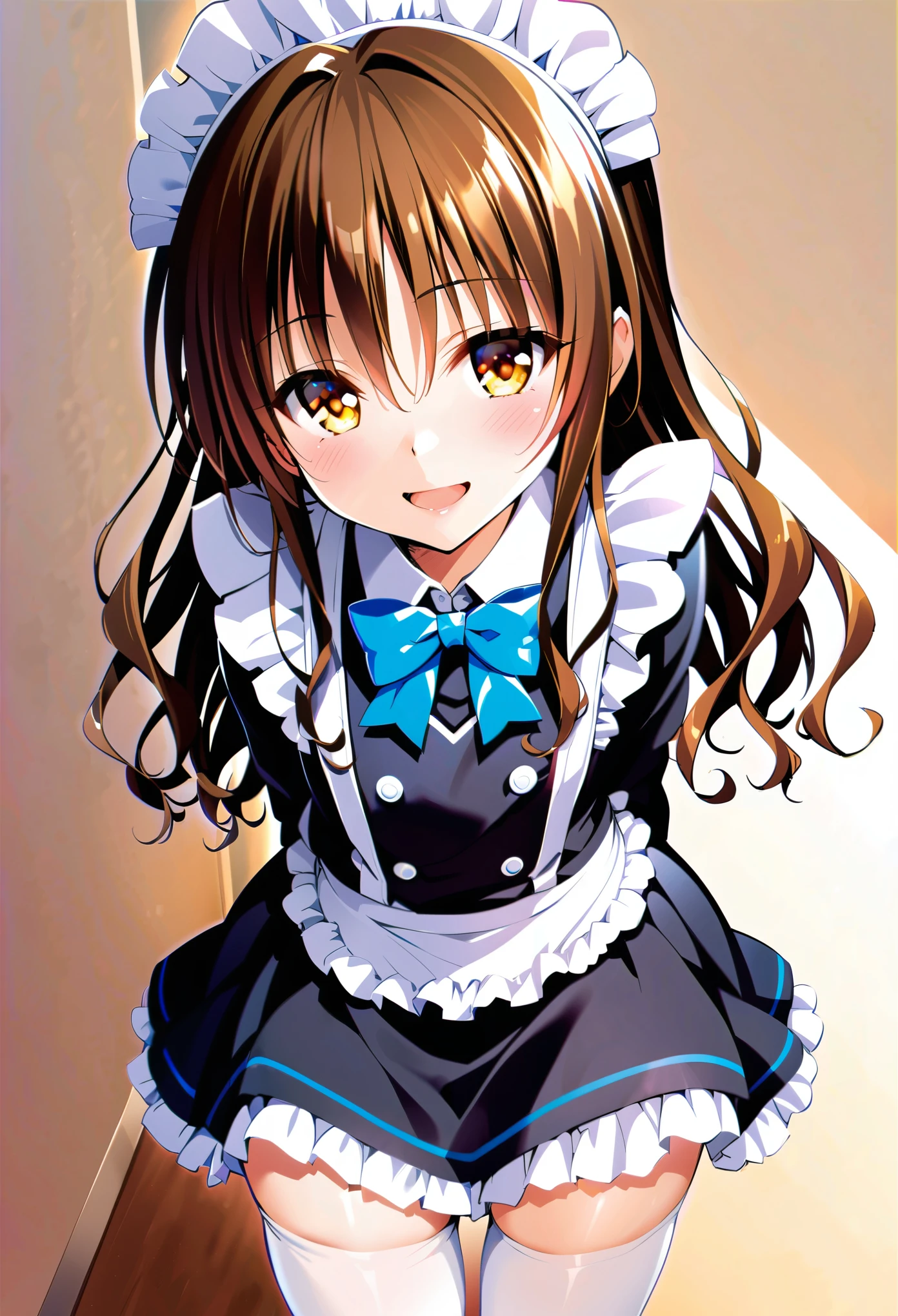 masterpiece,best quality,yuuki mikan,smile,maid,cowboy shot,,brown long hair,yellow eyes,solo,open mouth,looking at viewer,arms behind back,white legwear, zettai ryouiki, 