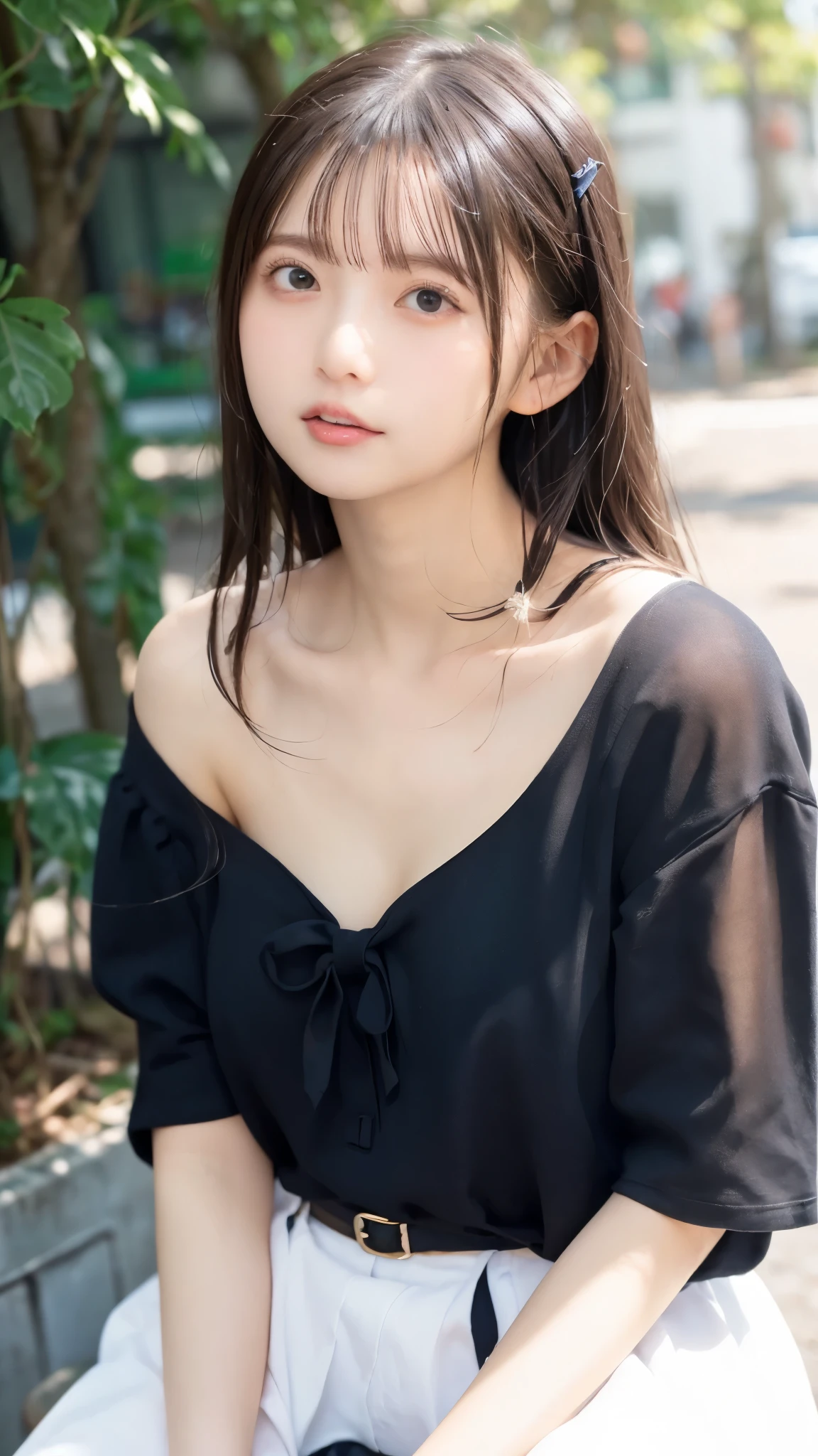 8K,Caucasian girl、Background Blur、super high quality、sunlight、Fair-skinned beautiful girl、、Young Breasts、Small breasts、Fleeting Expression、Clear contours、Adult atmosphere、high resolution skin、Fair and beautiful thighs、Young face、Innocent face、Hair tied up with hair accessories、Well-formed face、、Open your mouth、Wet lips、Hold the penis in your hand and lick it with your tongue out、Off-the-shoulder shirt