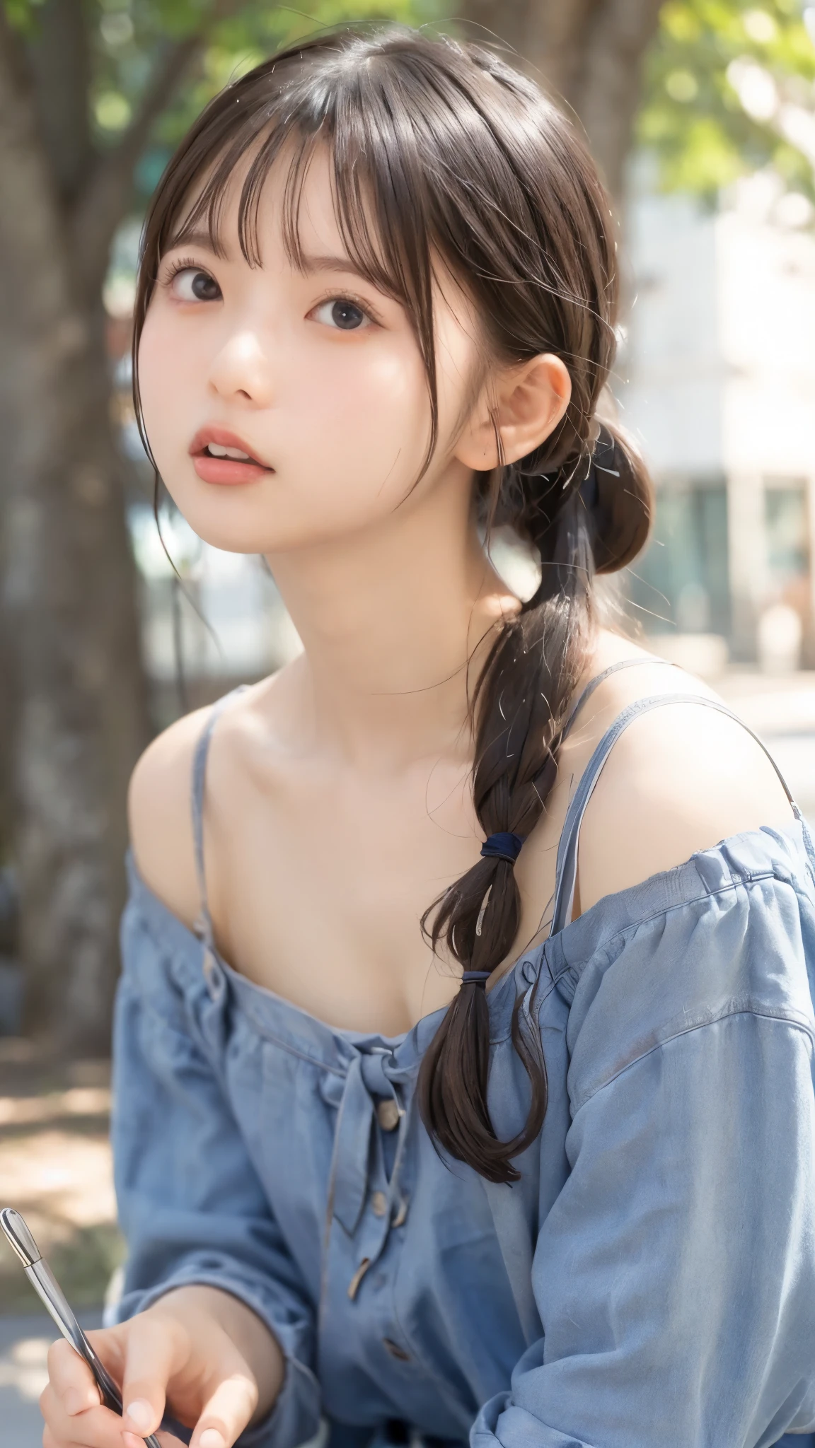 8K,Caucasian girl、Background Blur、super high quality、sunlight、Fair-skinned beautiful girl、、Young Breasts、Small breasts、Fleeting Expression、Clear contours、Adult atmosphere、high resolution skin、Fair and beautiful thighs、Young face、Innocent face、Hair tied up with hair accessories、Well-formed face、、Open your mouth、Wet lips、Hold the penis in your hand and lick it with your tongue out、Off-the-shoulder shirt