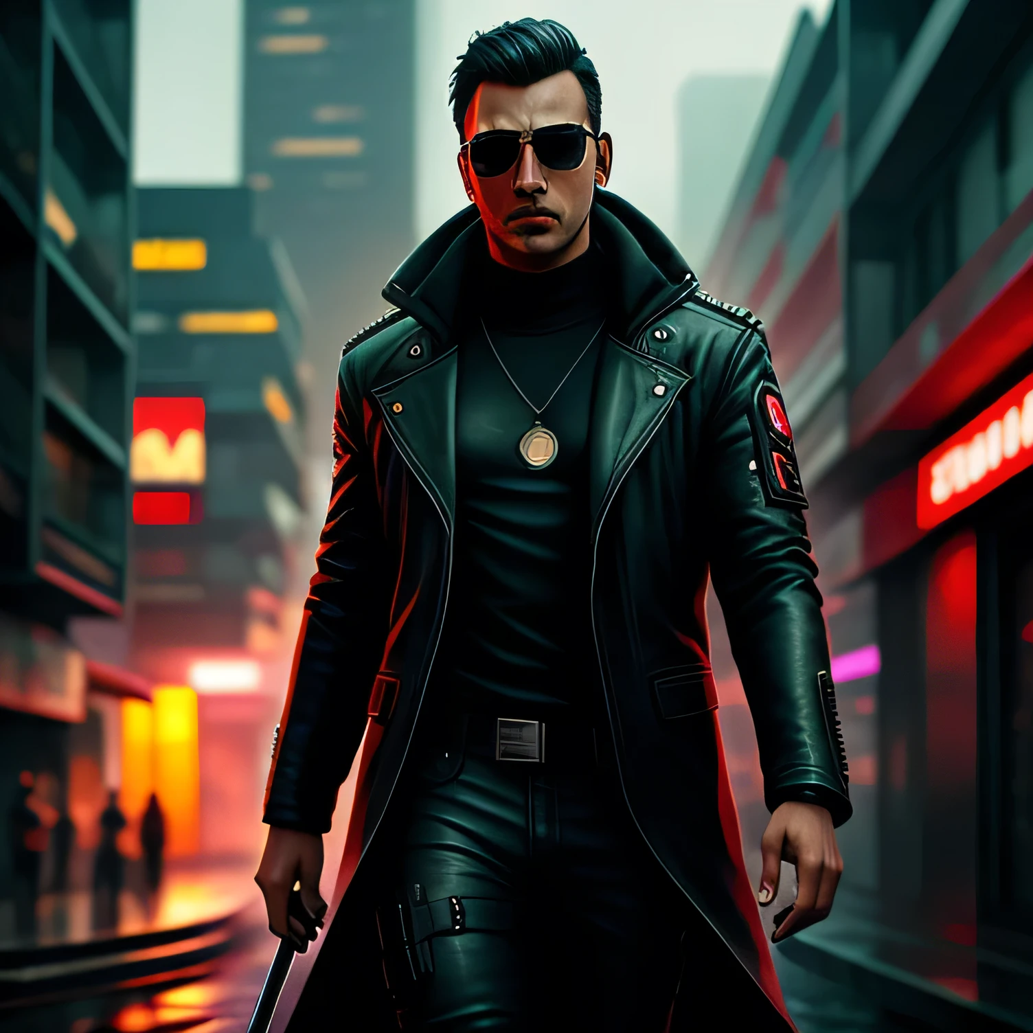 homem cyberpunk, sob chuva, jaqueta de couro, dramatic, hdr, fundo complexo, cinemactic, film, (rutkowski, artstation: 0.8), encharcado