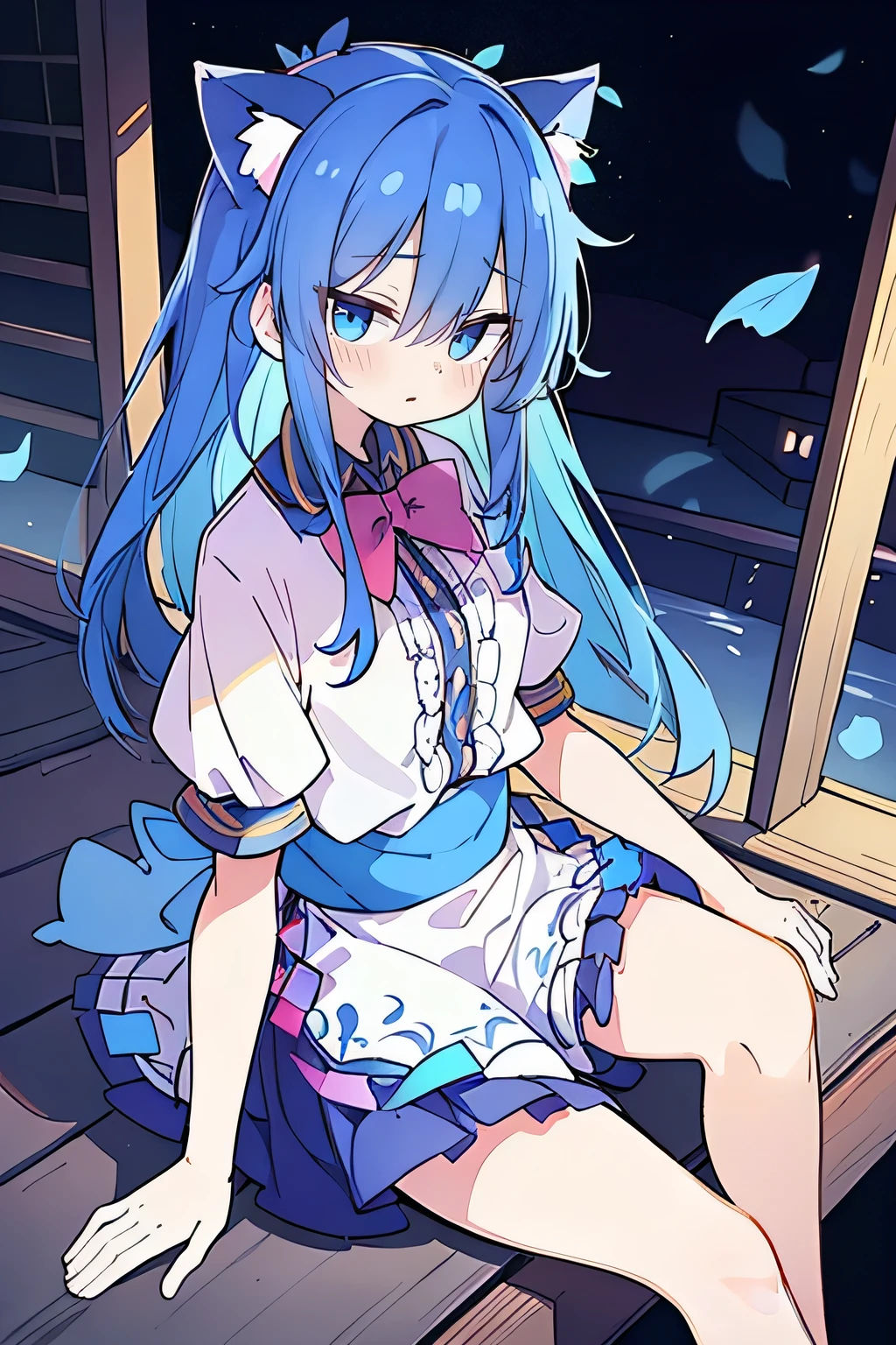 (masterpiece:1.2),ultra-detailed,realistic,expressive eyes,fair-skinned,perfectly shaped face,1girl,
Japanese cartoons,Gorgeous blue hair, flowing blue hair,floating clothes,cat ears,petals falling,beautiful Lola,Hina Angel,
hands on waist,gracefully sitting on the ground,legs crossed,gentle and serene background,cool and comfortable pavilion,night ,