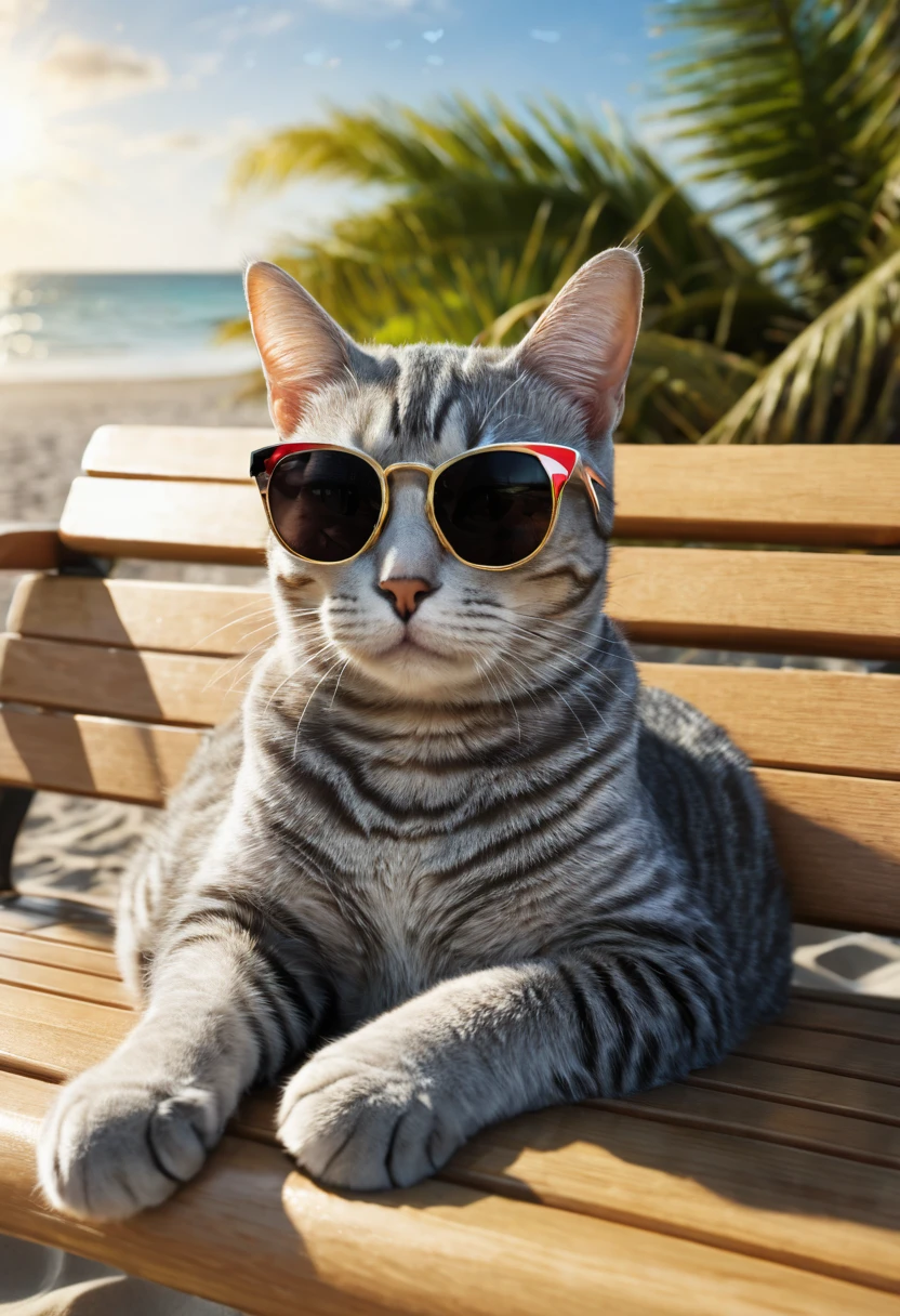 High resolution　16k　3D　Cat wearing sunglasses　Relaxing on a beach bench　American Shorthair