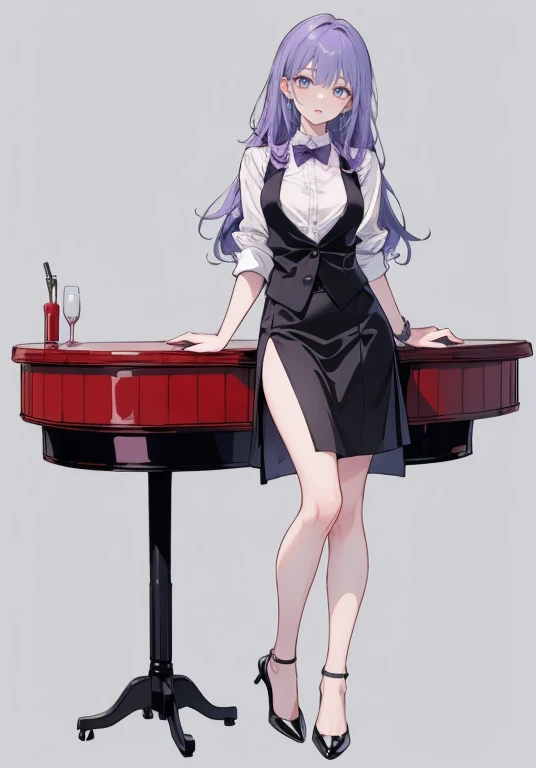 ((Perfect Face)),Purple Hair,voluminous long hair,Adult female,bartender,suit,Black vest,((A shirt with rolled up sleeves)),tie,skirt,slit,High heels,,((Simple Background)),smile,((Full Body)),((full body)),Character portrait,virtual,upright,,Both arms are down,Standing upright,