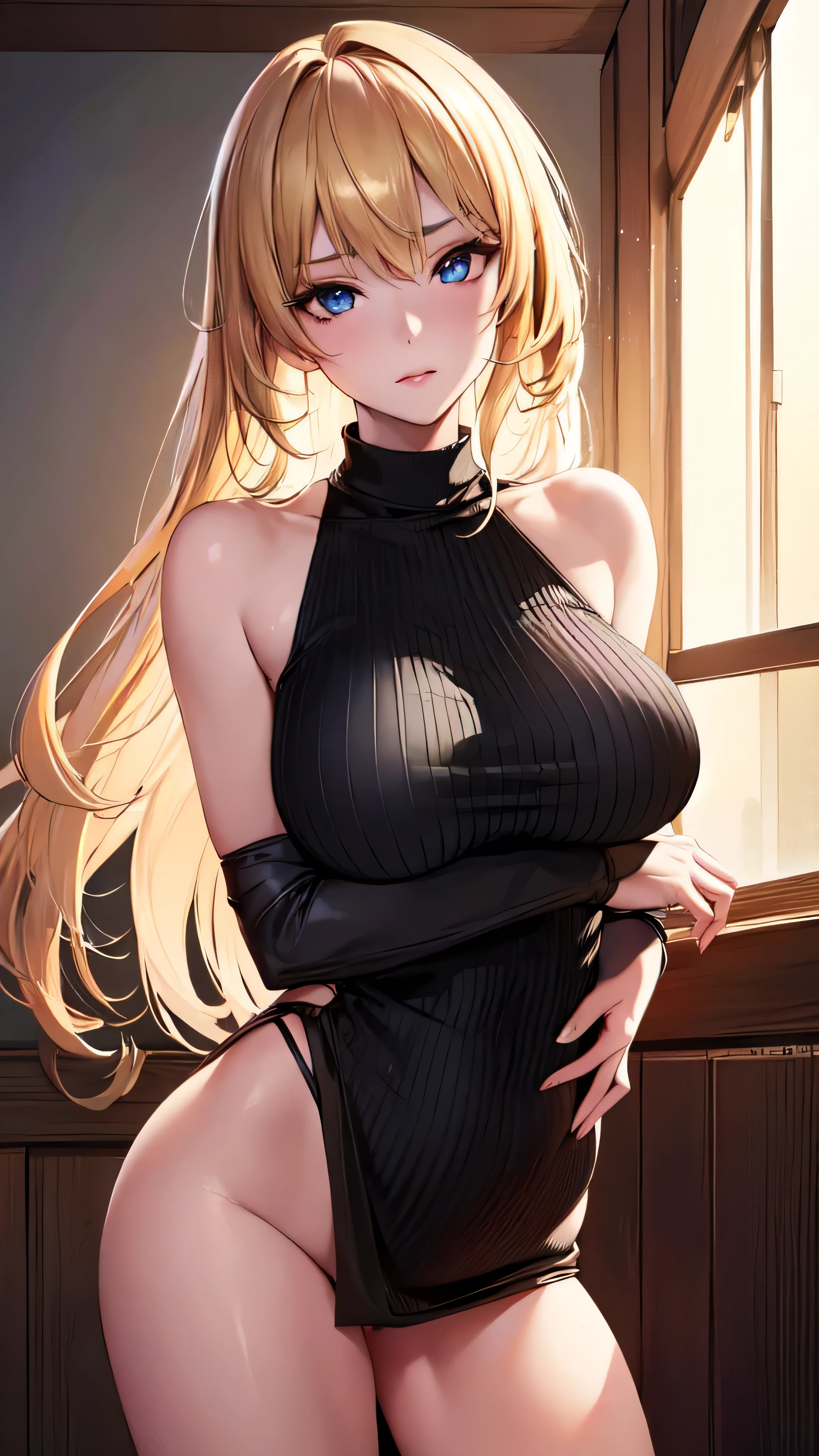 1 girl, One, detailed skin, ultra realistic 8k computer graphics, perfect face, irreproachable, Clean, masterpiece, professional artwork, famous works of art, cinematic lighting, cinematic heyday, golden hair, ((beautiful eyes)), intricate iris, (((Perfect hands))), (Extremely detailed background), ((Dynamic background)), Beautiful detailed girl, I look at the viewer,virgin killer sweater, beautiful detailed nose, stands leaning on the wall, spread her legs, the world in the face,virgin killer sweater, sleeveless turtleneck, Sweater dress, Sweater Aran, (side tit), black sweater, Suryu Asuka Langley, the skirt is raised, no panties, bottom view, pussy hair#