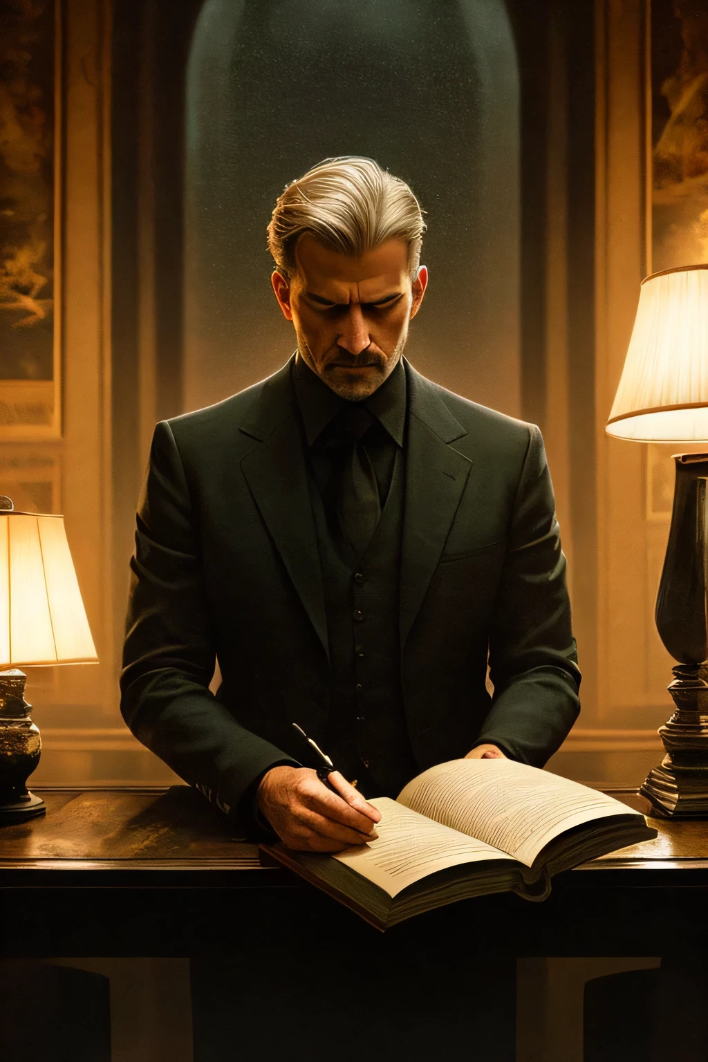 Amidst the dimly lit room, a gloomy man with furrowed brows concentrates intently as he immerses himself in the depths of a serious book. The room is shrouded in an atmospheric Dutch angle, casting elongated shadows that dance on the walls. The man's pale, weathered complexion contrasts with the worn-out leather cover of the book, revealing the absorbing beauty of the narrative within. His dark, brooding expression is cast in stark relief against the faint, ghostly illumination that filters in from the outside. The intricate detailing of each crease and line on his face emphasizes the gravity of the moment. As he reads, one can