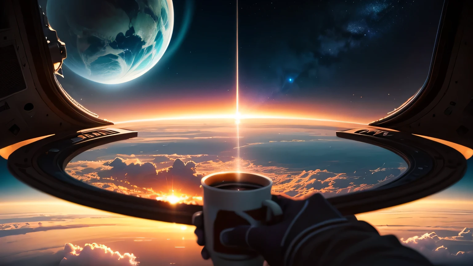 Detailed space sunrise over curve of Earth, POV perspective, looking through space station port window, cup of coffee, steam, zero gravity, morning, cinematic lighting, Canon r6, 24mm wide view, realistic, 16k