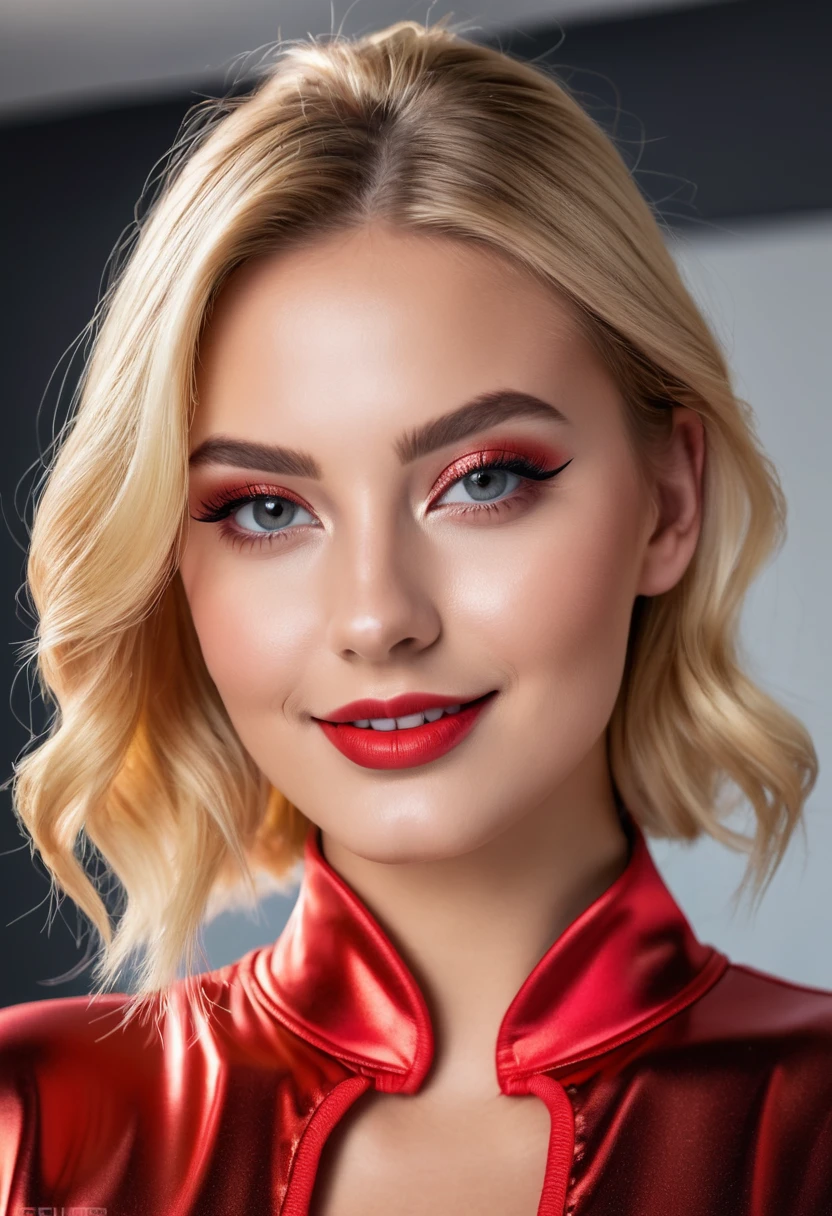 hyperrealistic beautiful busty 18-year-old women in ultra shiny metallic red jumpsuit, model shooting full body photography, dyed blonde low bun, dark eye makeup with eyeliner, seductive smile, 8K, best quality, Meisterwerk, ultra high resolution, (Realismus: 1.4), Originalfoto, (realistische Hautstruktur: 1.3), (Filmkorn: 1.3), (Selfie-Winkel), 1 girl, Beautiful eyes and facial details, Meisterwerk, best quality